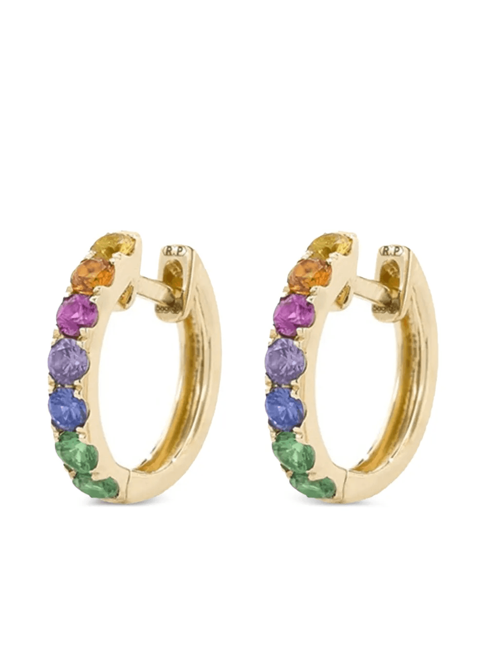 14K yellow gold rainbow sapphire hoop earrings - Image 1