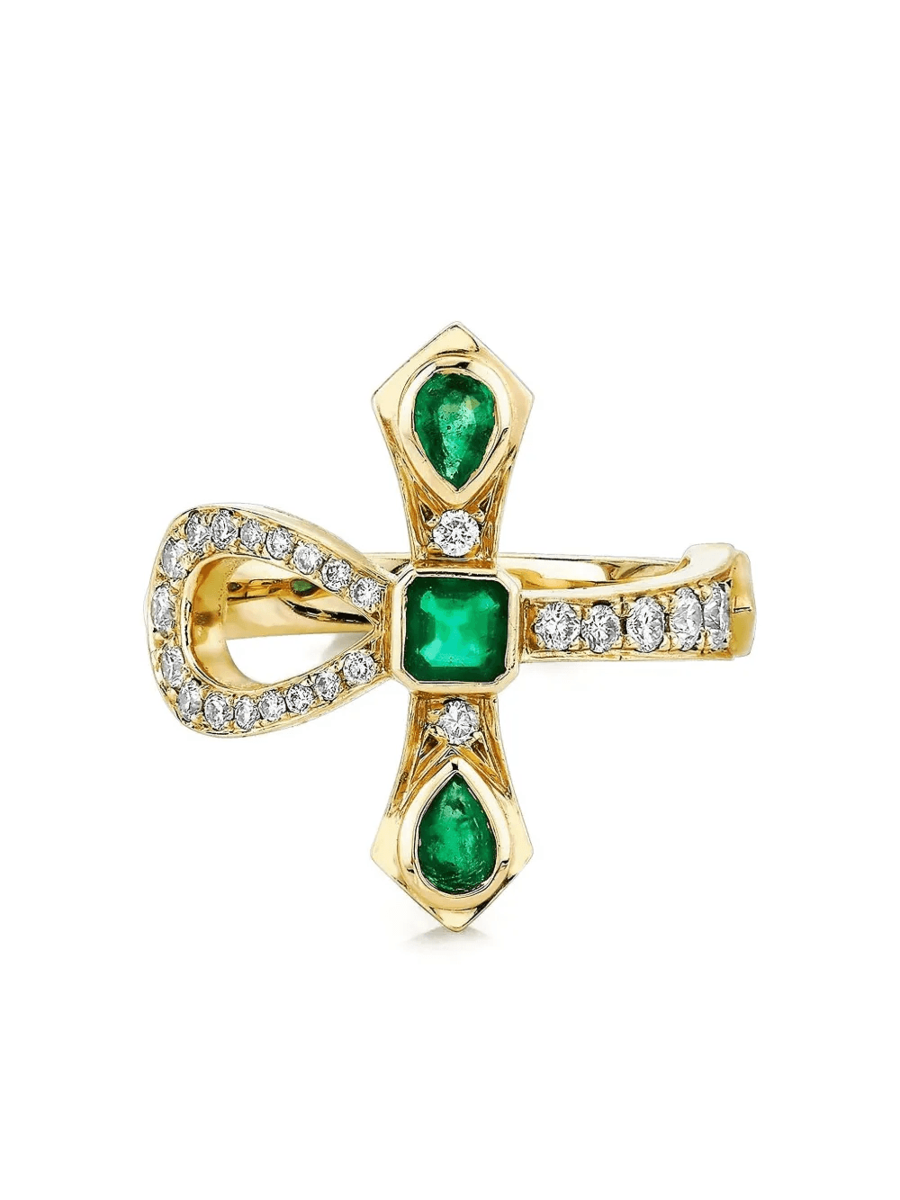 14K yellow gold Eternal Ankh emeralds and diamonds ring - Image 1