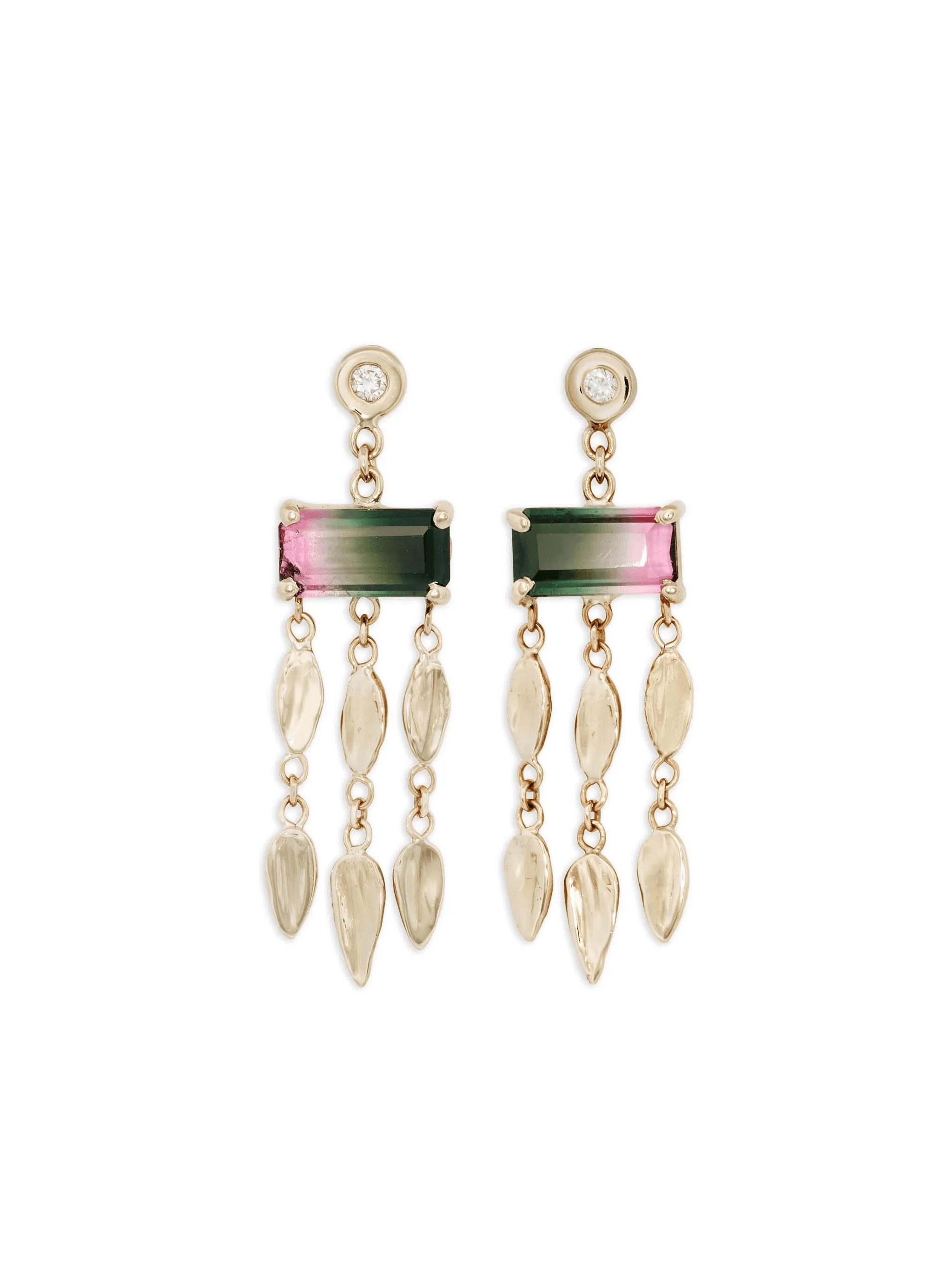 14K yellow gold dangle tourmaline and diamond earrings - Image 1