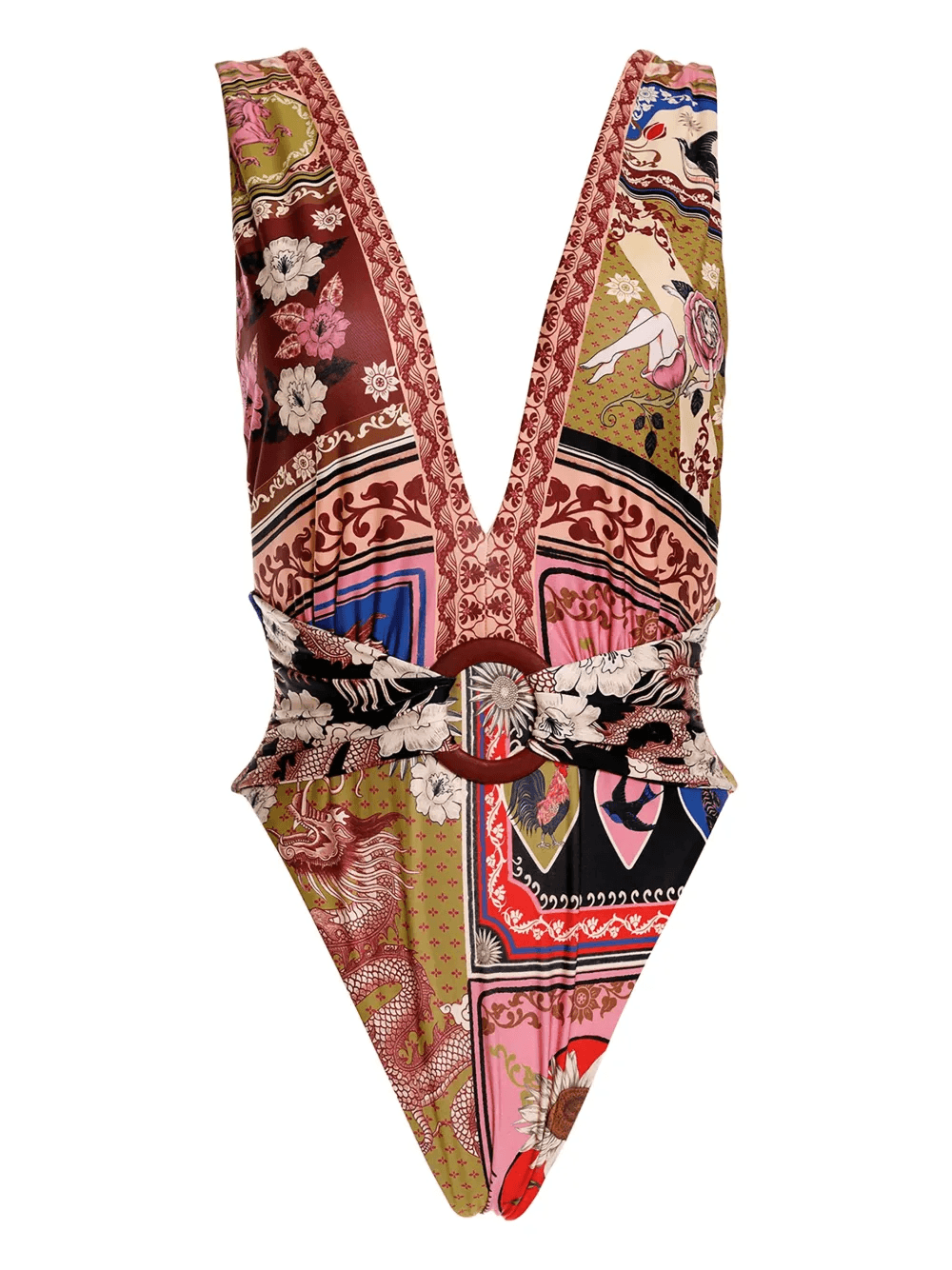 V-neck patchwork-print belted swimsuit - Image 1