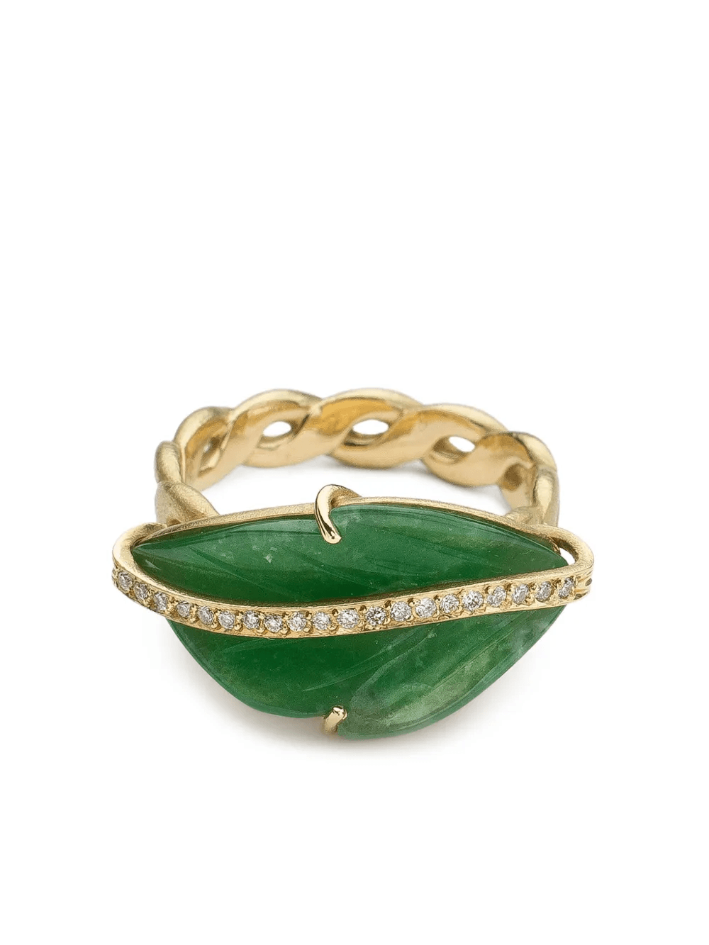 18kt yellow gold Leaf jade and diamond ring - Image 1