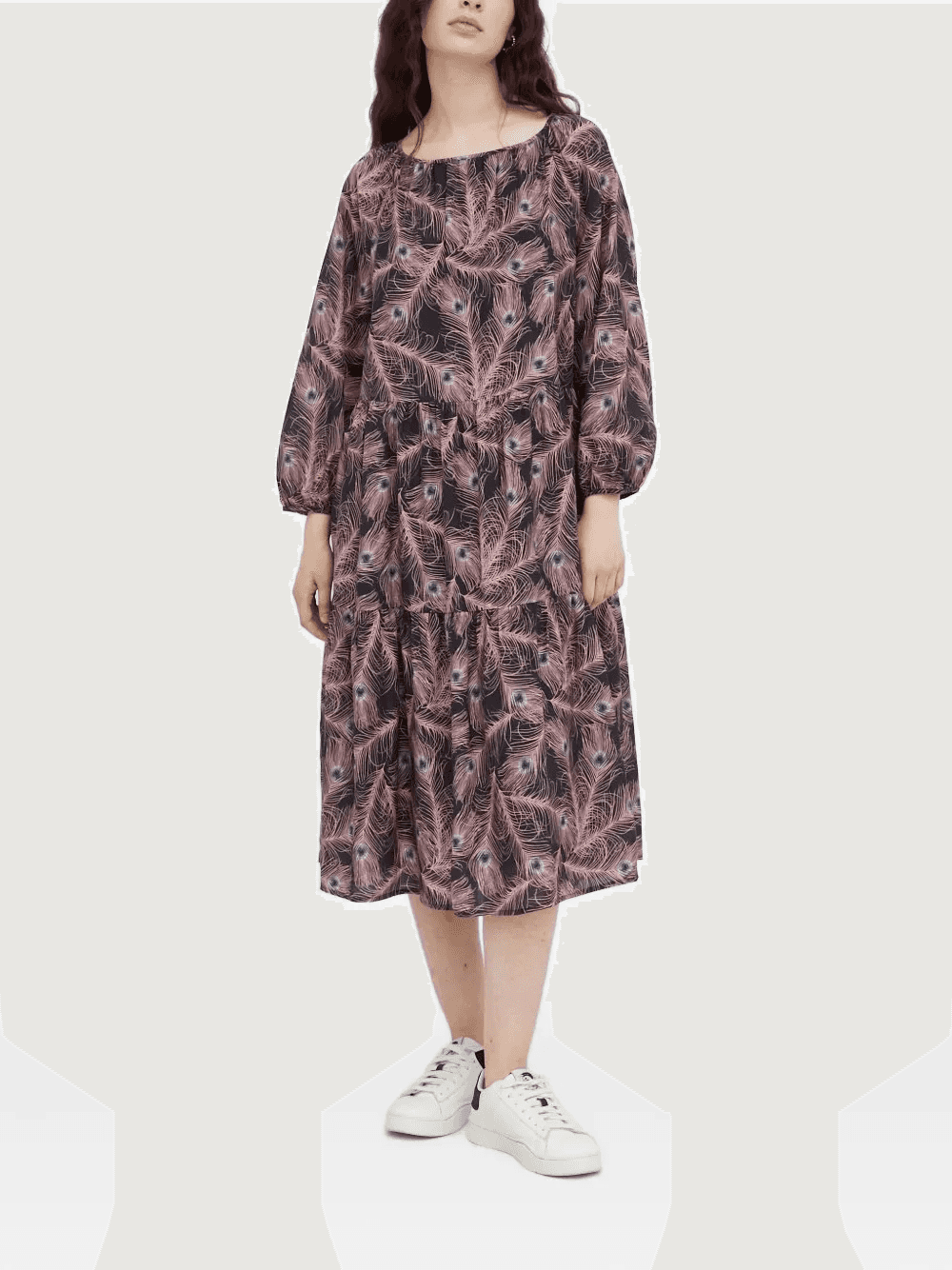 peacock feather print midi day dress - Image 1