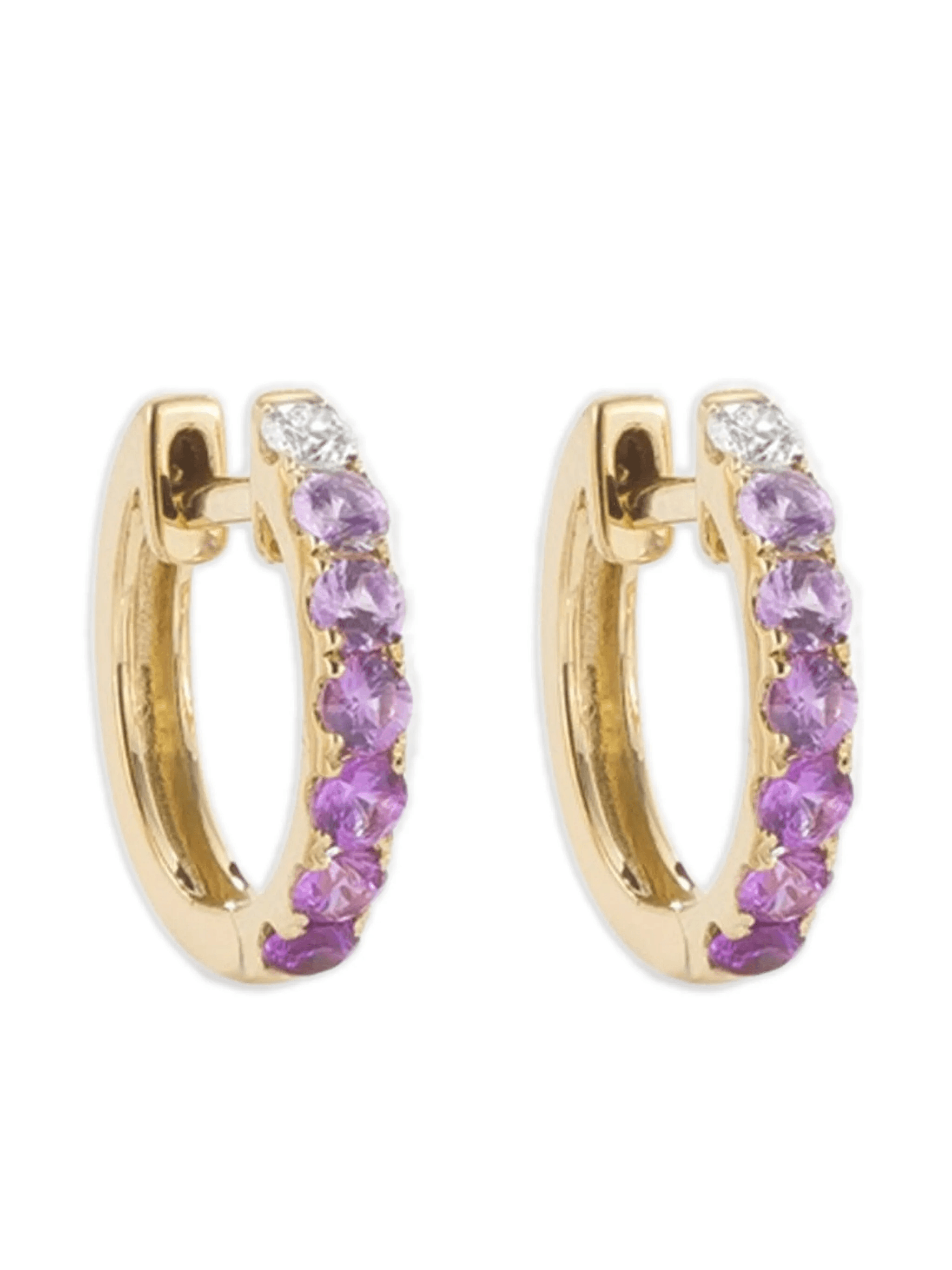 14K yellow gold pink sapphire and diamond hoop earrings - Image 1