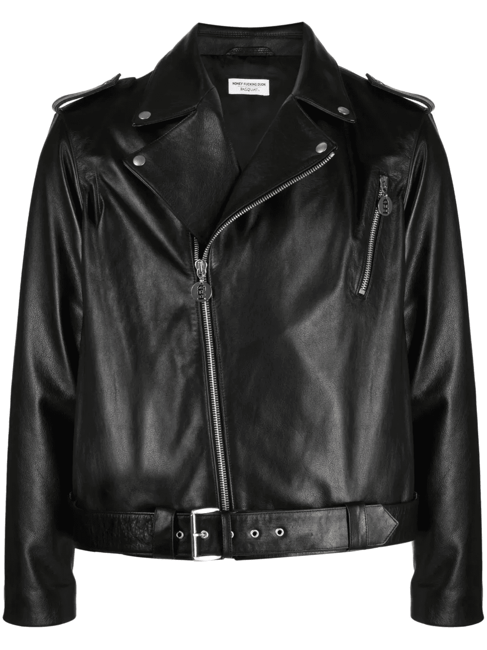 slogan-print leather biker jacket - Image 1