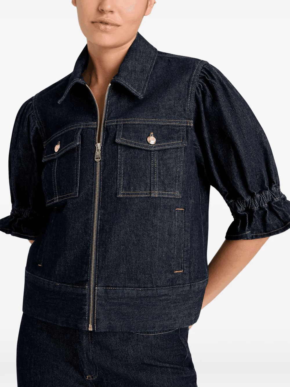 Holly ruffled puff-sleeve denim jacket - Image 1