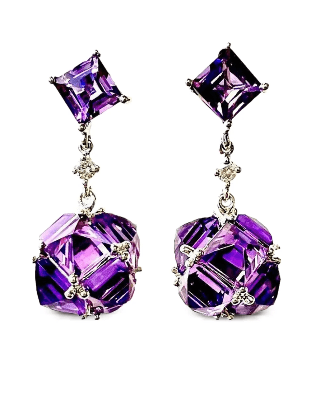 18K white gold diamond and amethyst earrings - Image 1
