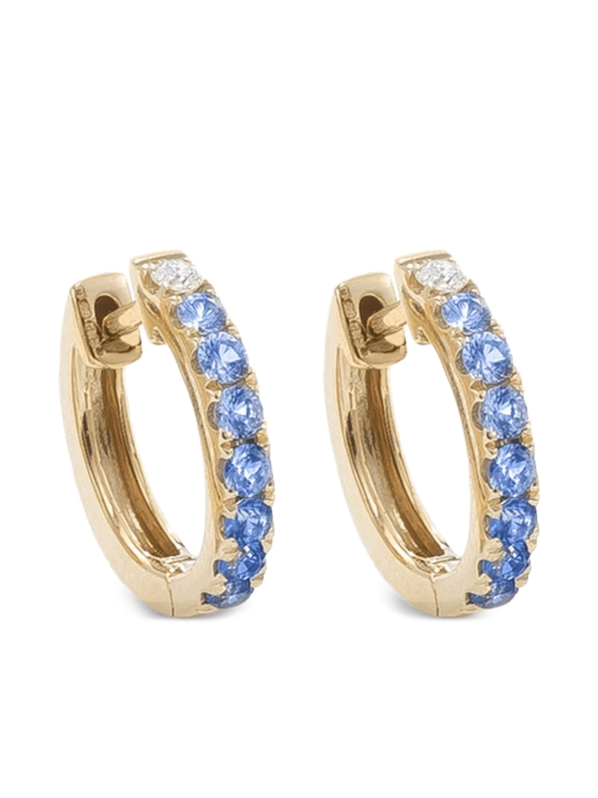 14K yellow gold blue sapphire and diamond hoop earrings - Image 1