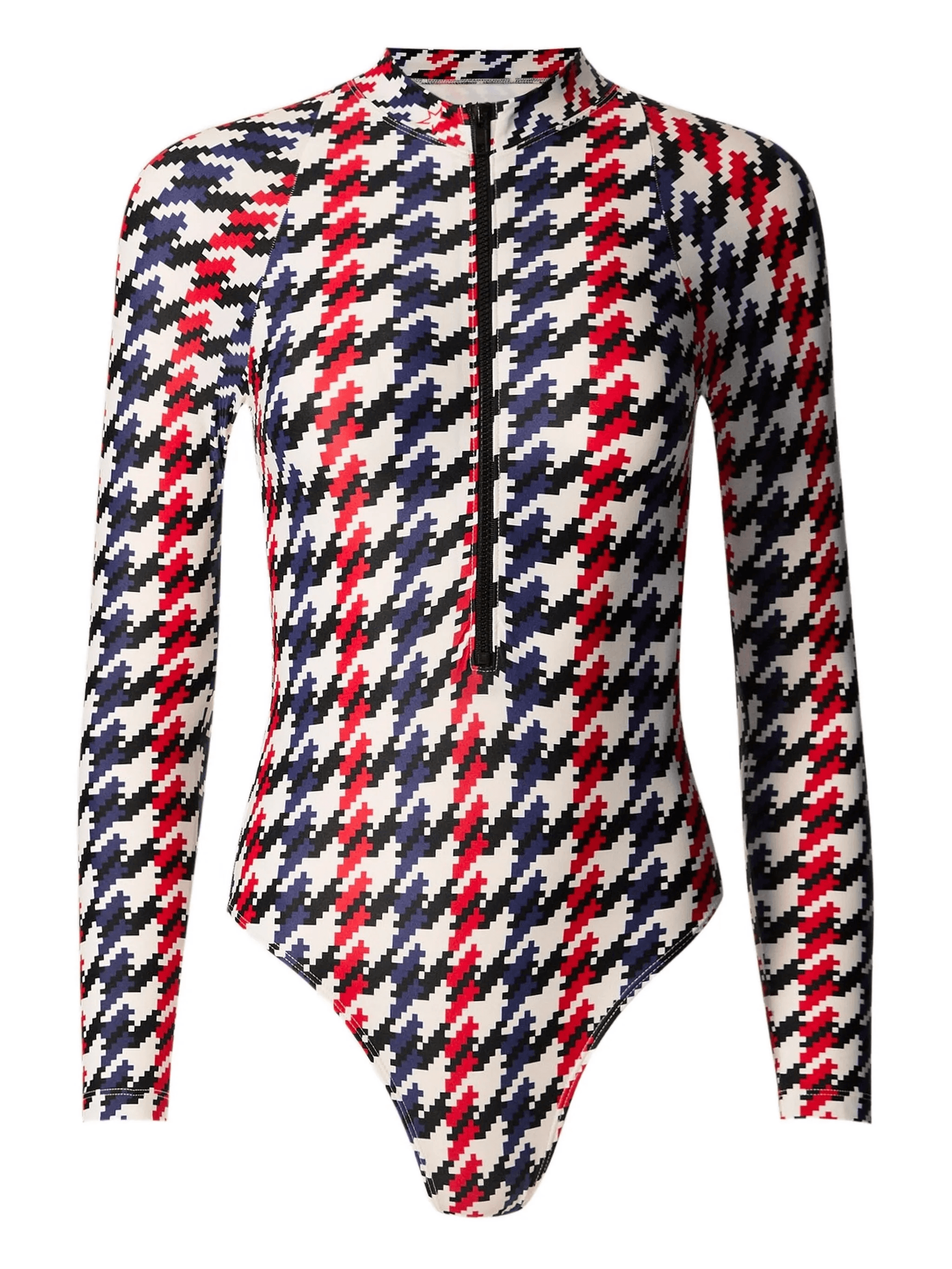 Houndstooth long-sleeve half-zip swimsuit - Image 1