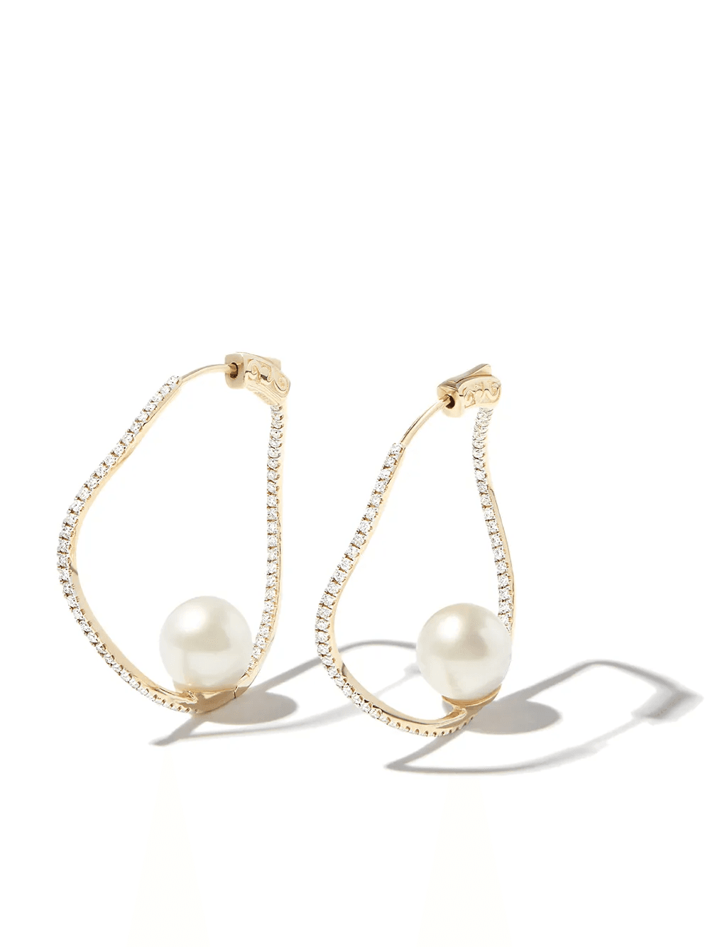 14kt yellow gold wave diamond and pearl hoop earrings - Image 1