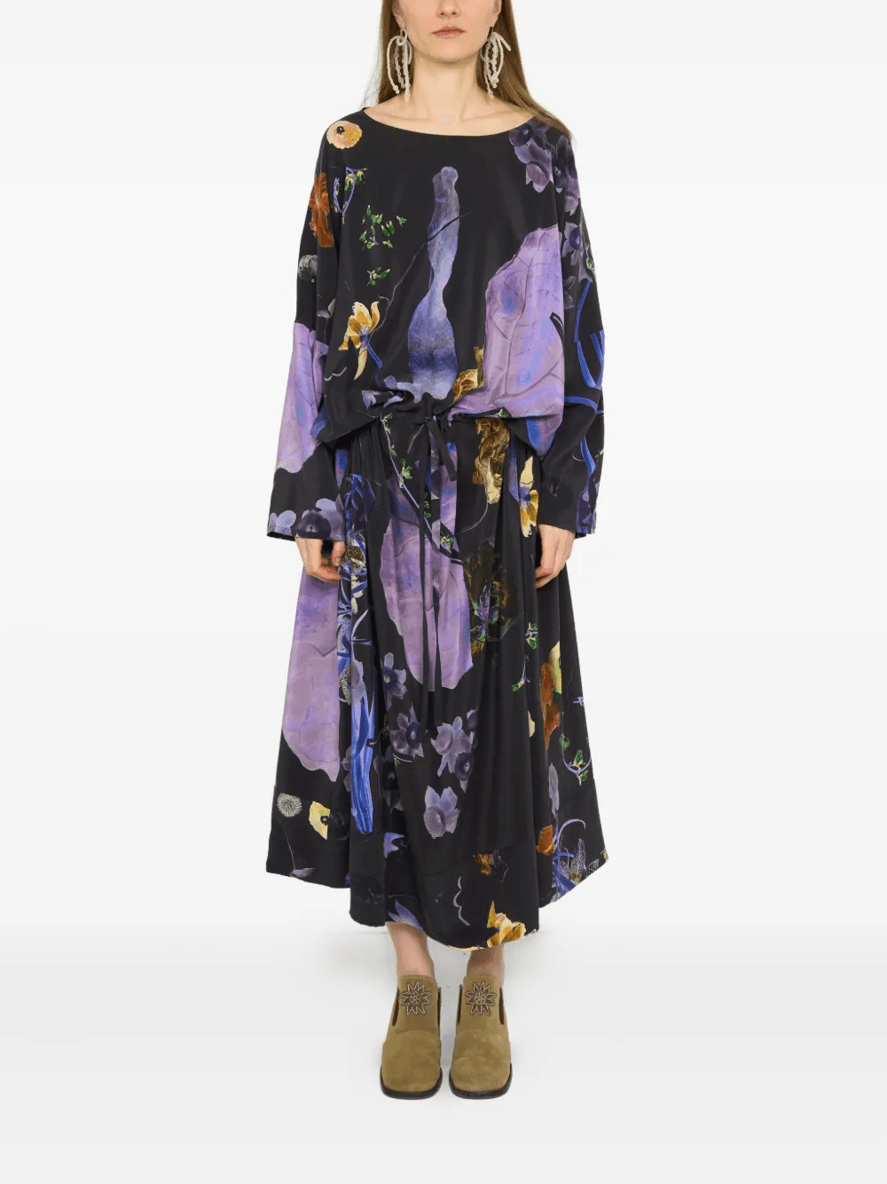 floral-print drawstring silk midi dress - Image 1