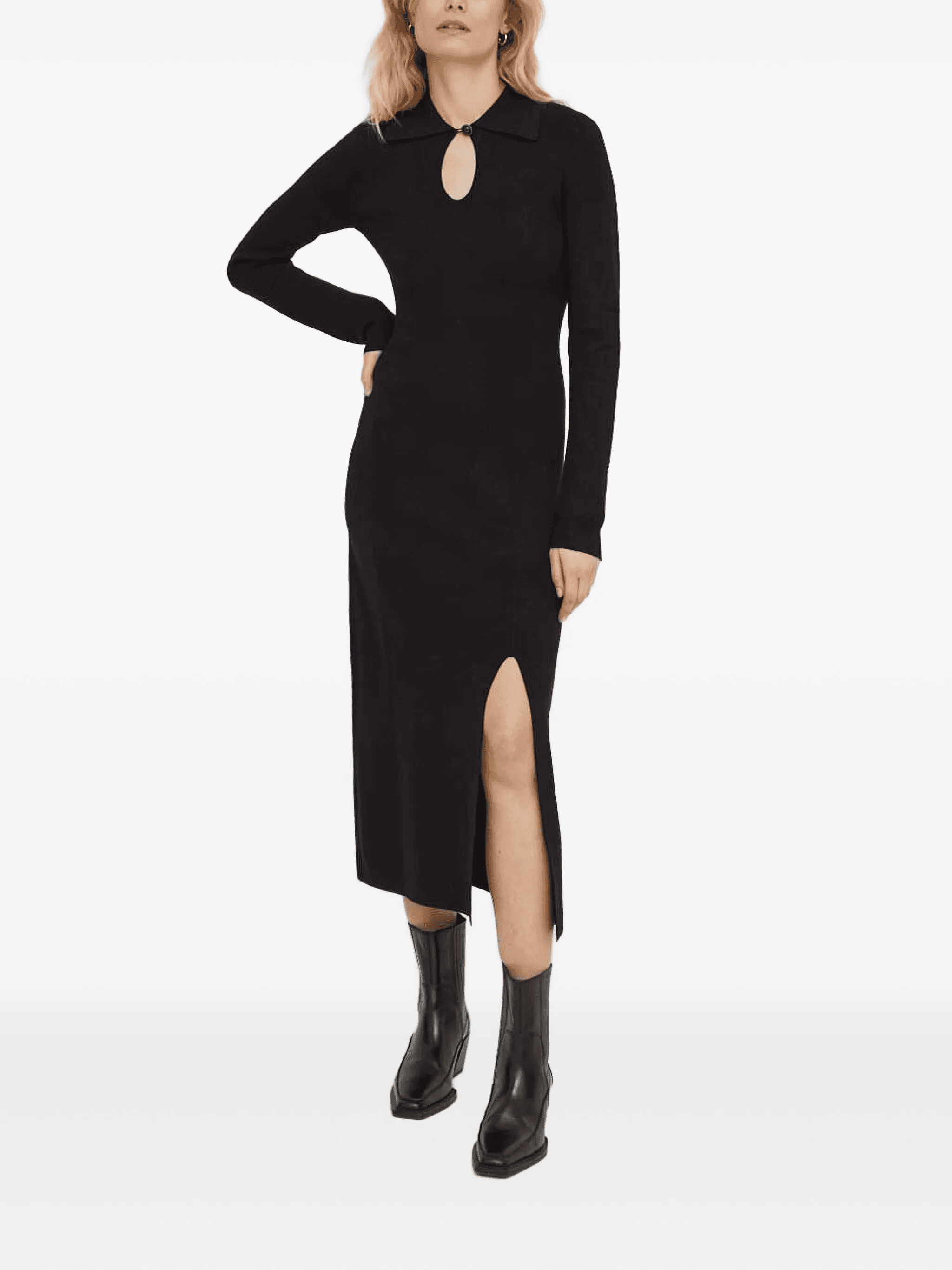 keyhole-neckline button-cuff midi dress - Image 1
