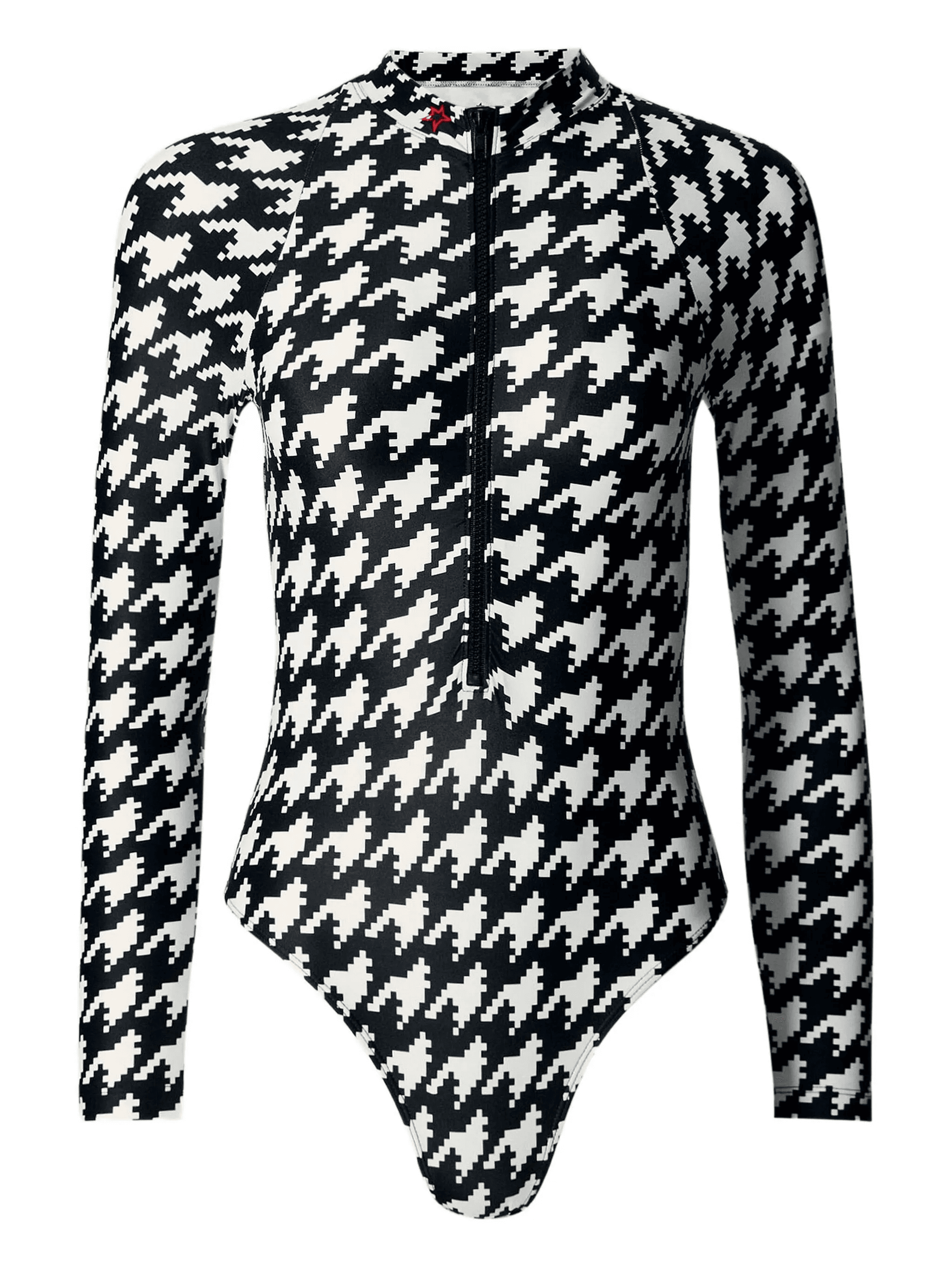 Houndstooth long-sleeve half-zip swimsuit - Image 1
