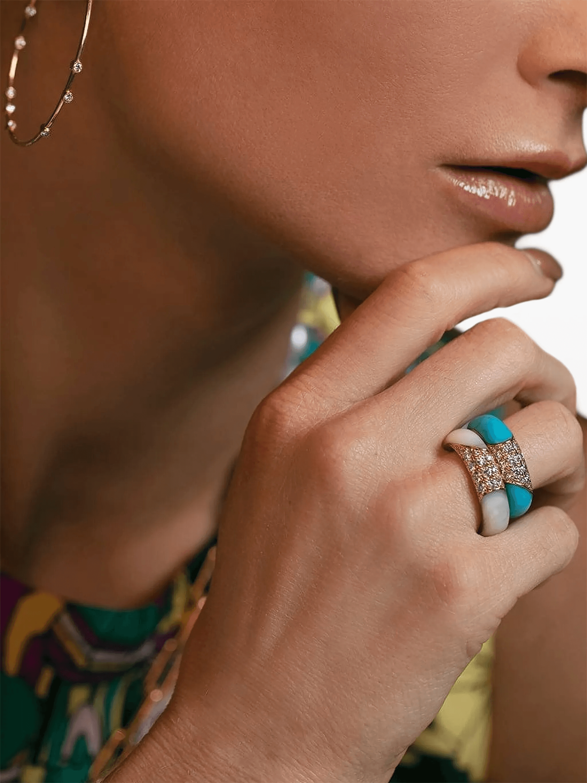 18K yellow gold diamond and turquoise ring - Image 1