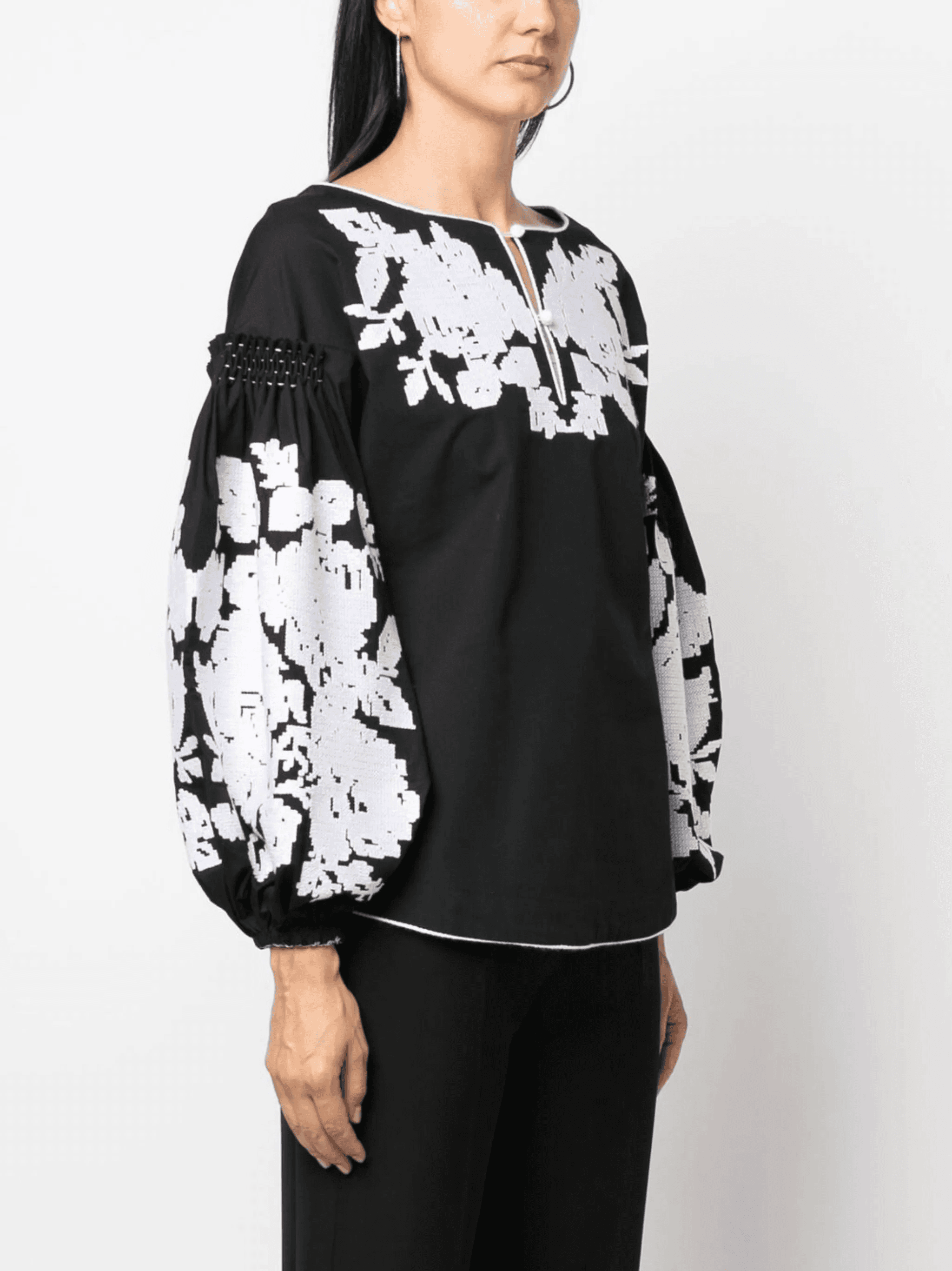 floral-jacquard puff-sleeve blouse - Image 1
