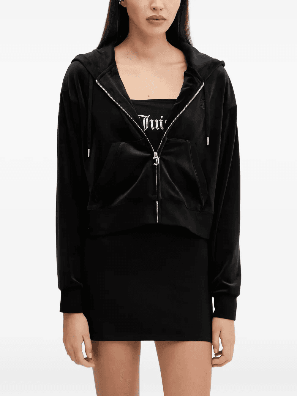 hooded velour zip-up top - Image 1