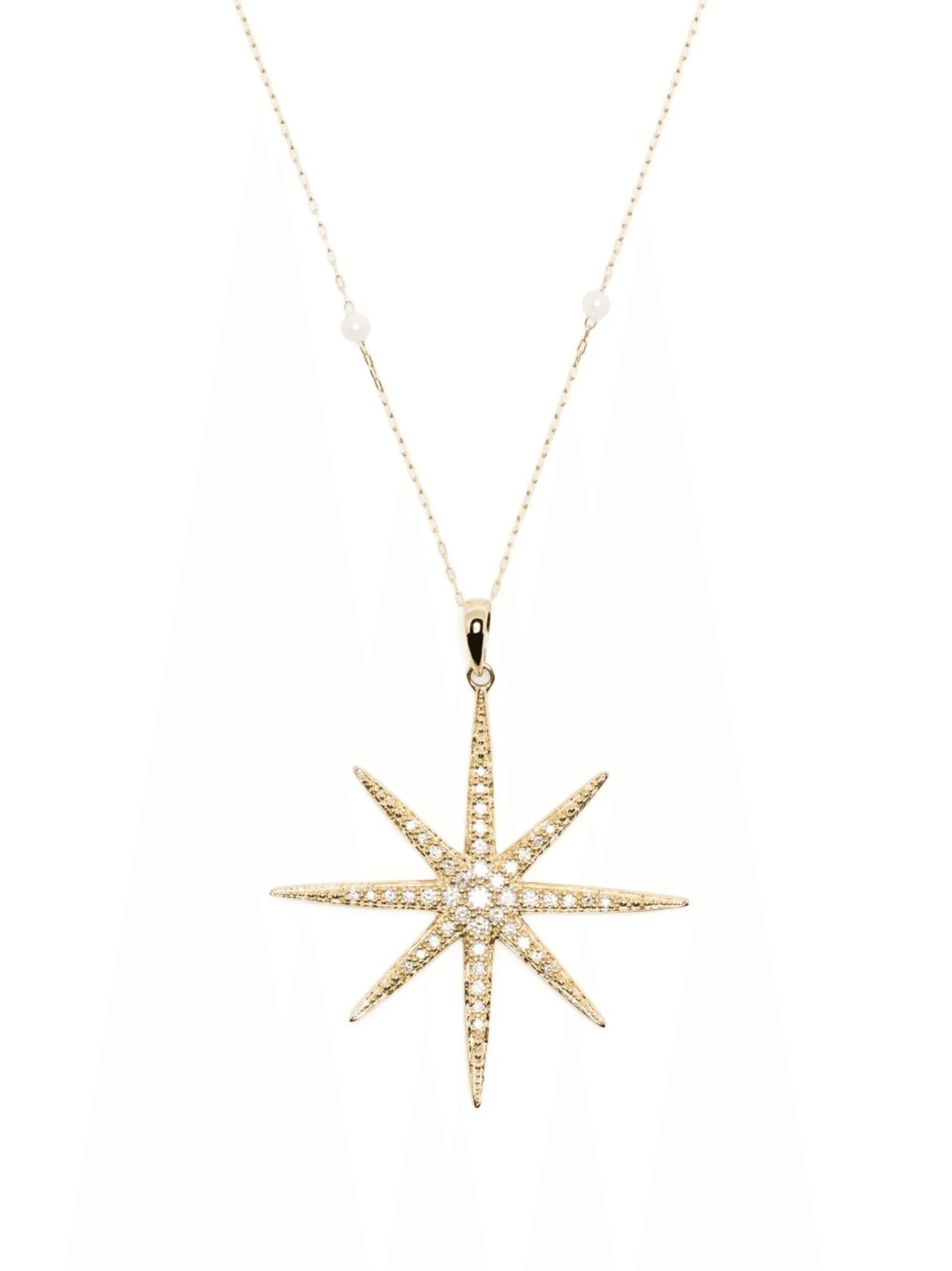14kt yellow gold star diamond pearl chain necklace - Image 1