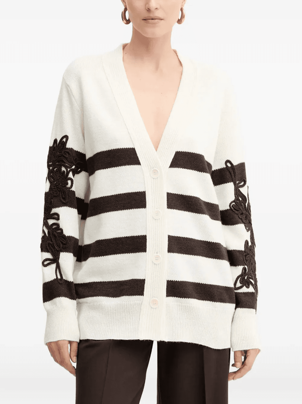 striped-pattern floral-appliqué cardigan - Image 1