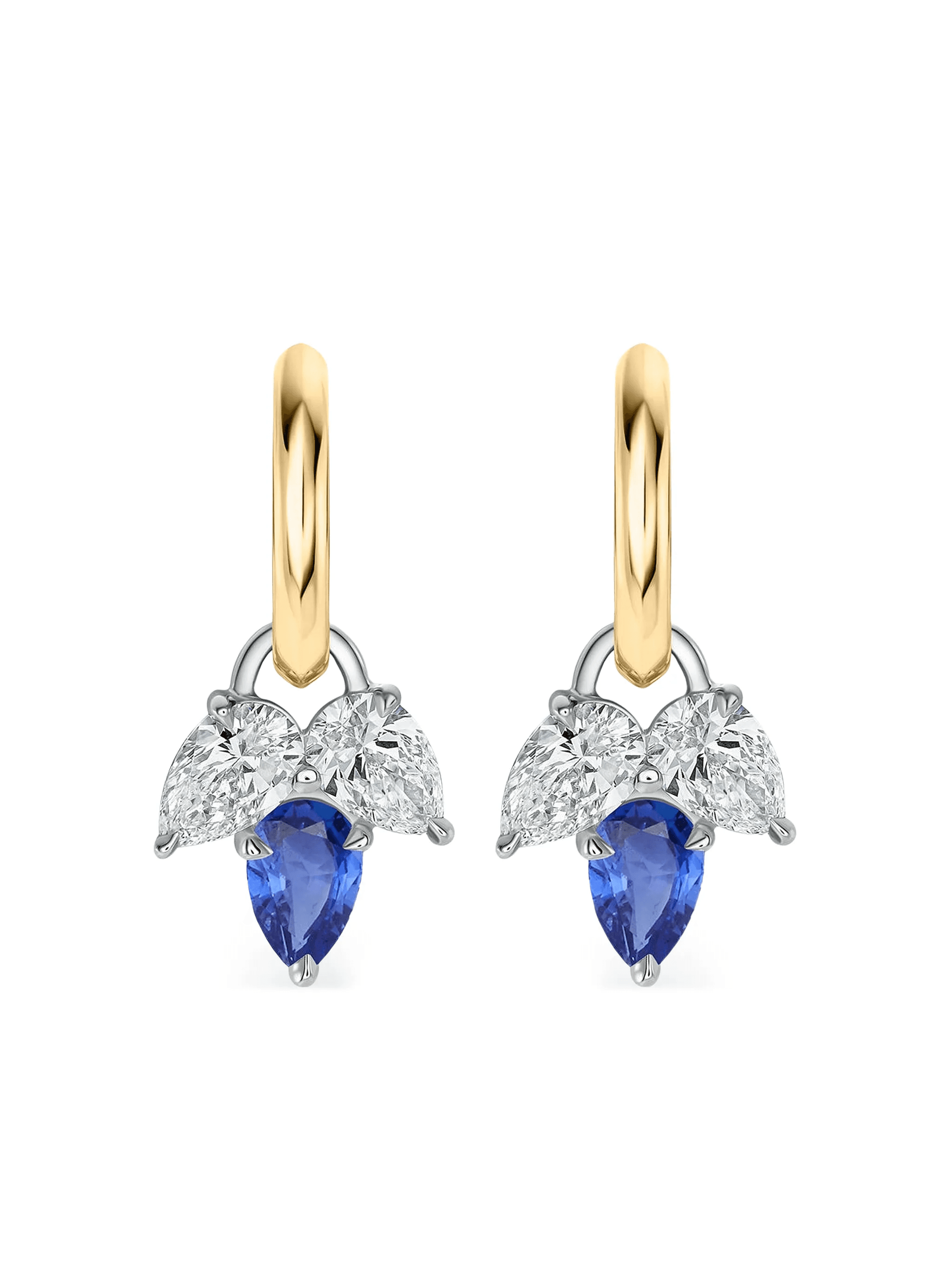 18K yellow gold and platinum diamond and sapphire triple-leaf huggie earrings - Image 1