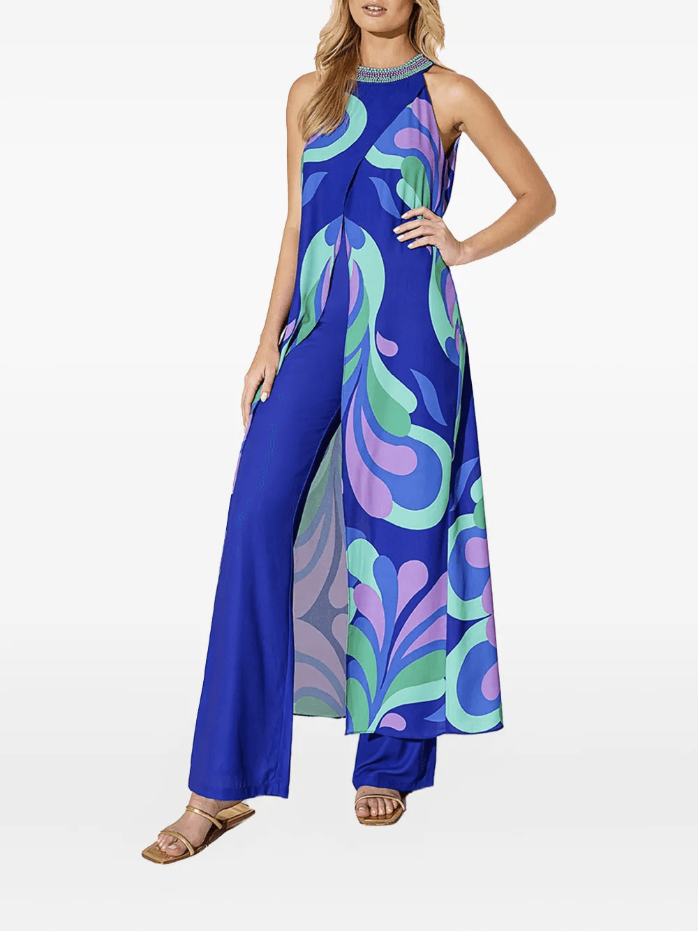 beaded-neckline print top - Image 1