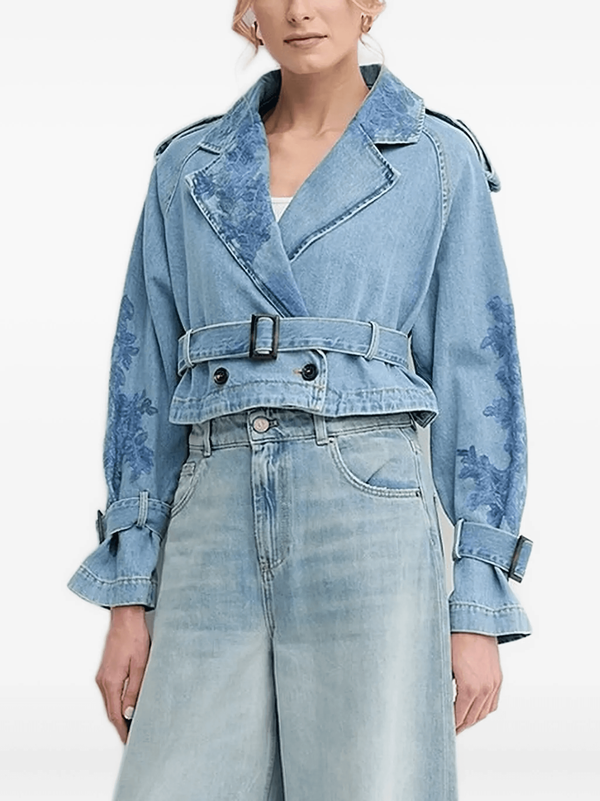 embroidered belted denim jacket - Image 1