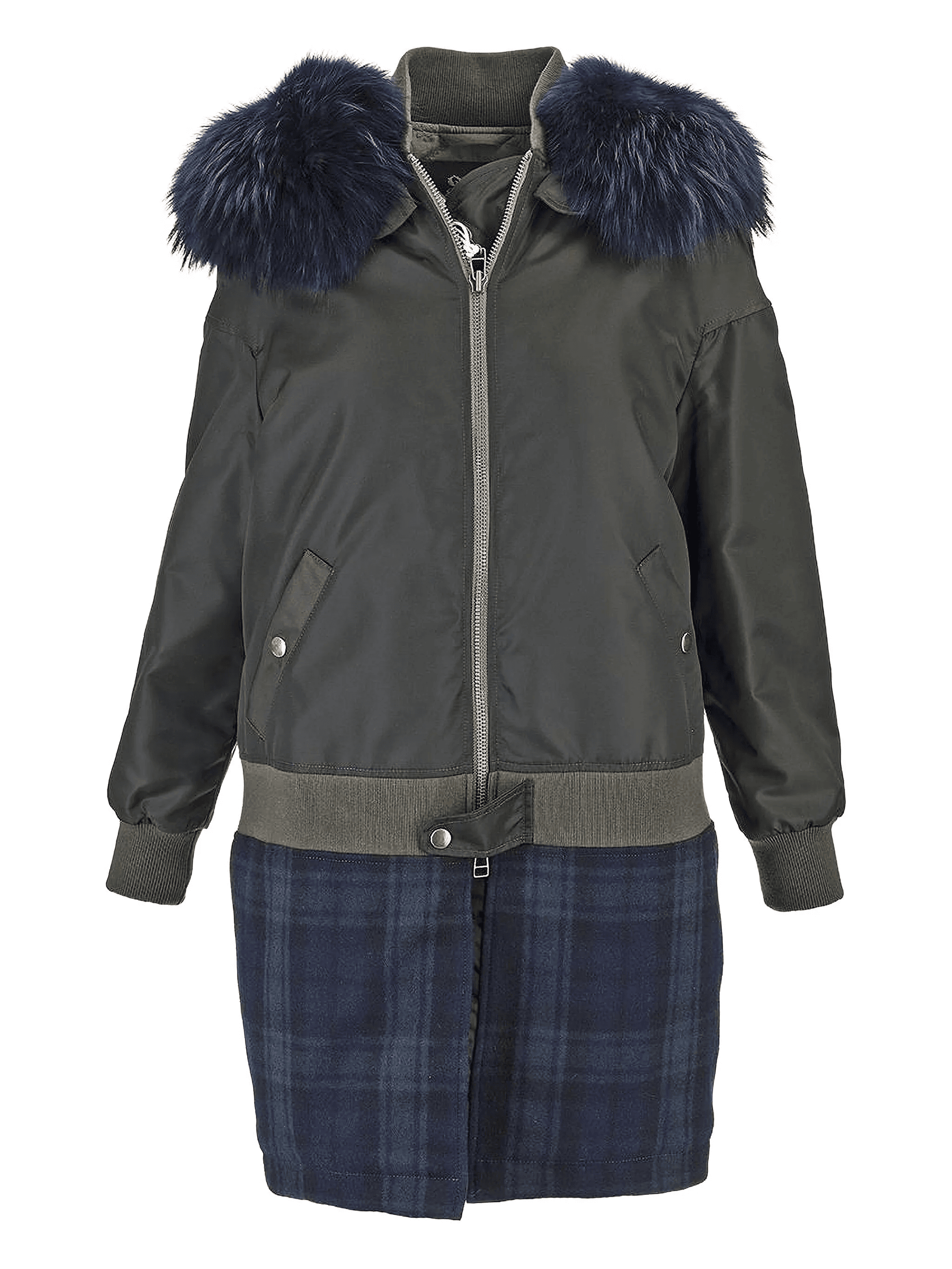 faux fur-collar plaid coat - Image 1