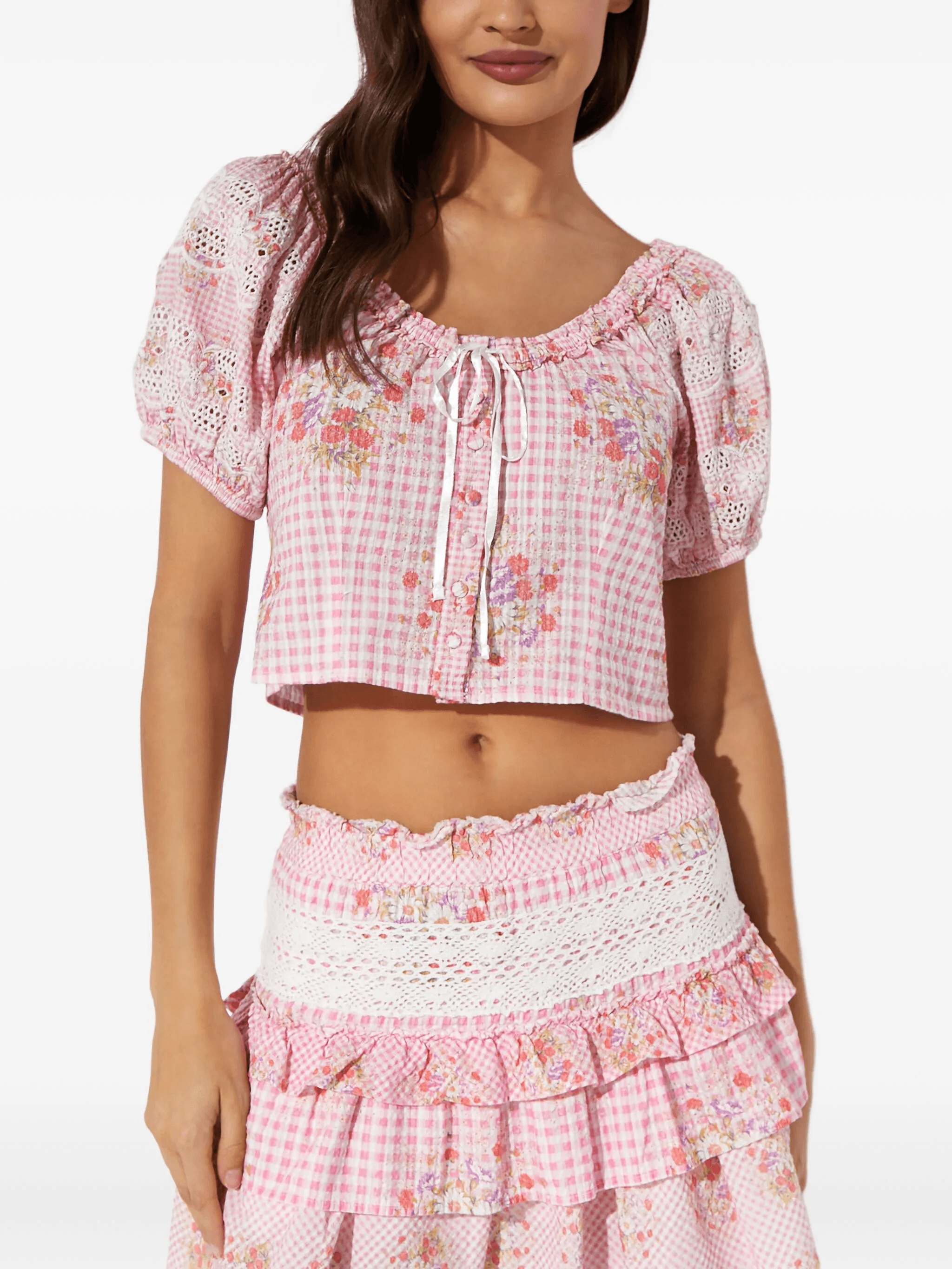 checked-pattern flower-embellishment blouse - Image 1