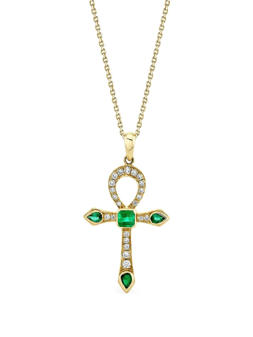14K yellow gold Eternal Ankh emerald and diamond necklace - Image 1