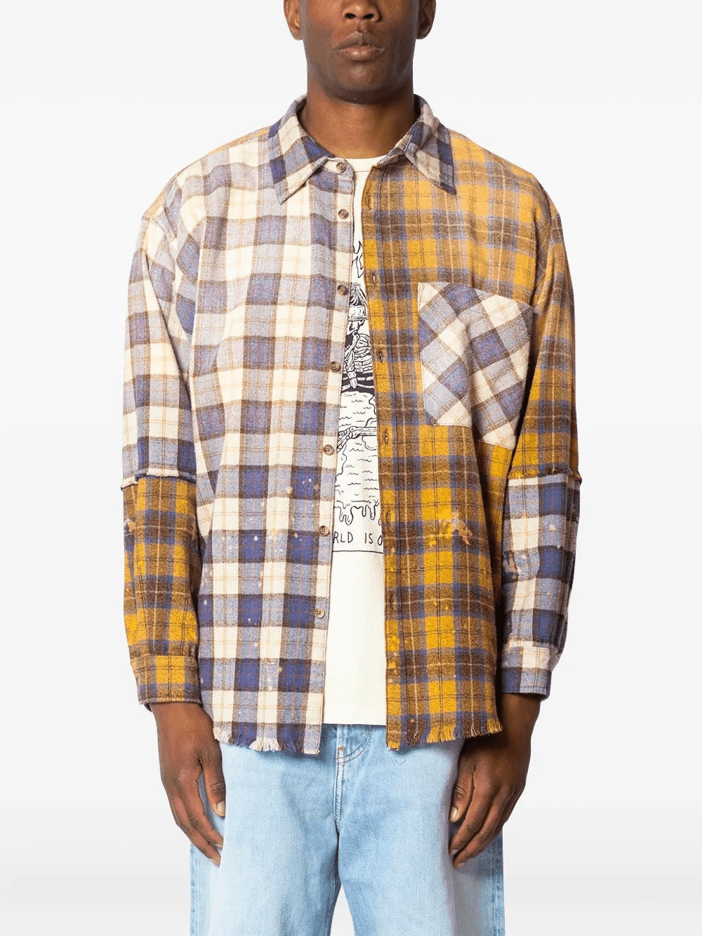 patchwork frayed check shirt - Image 1