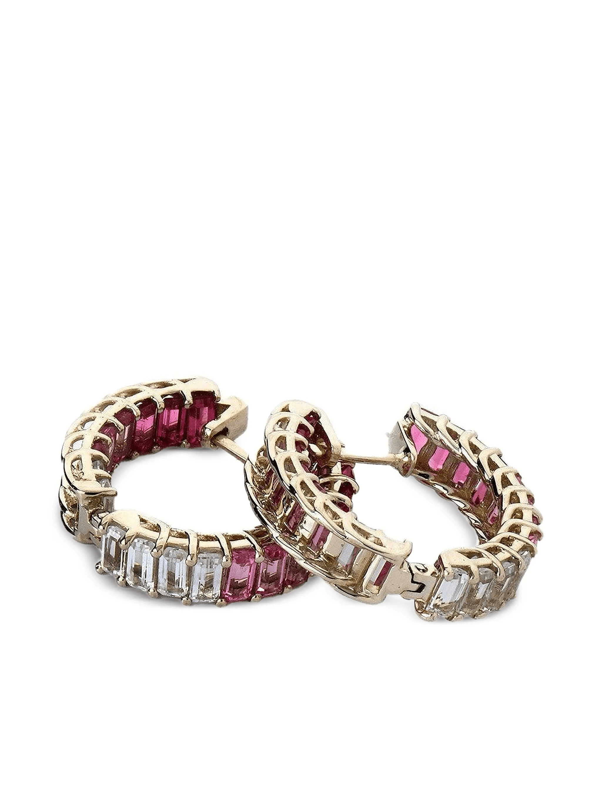 18K  white gold Sugarloaf rubellite and diamond hoop earrings - Image 1