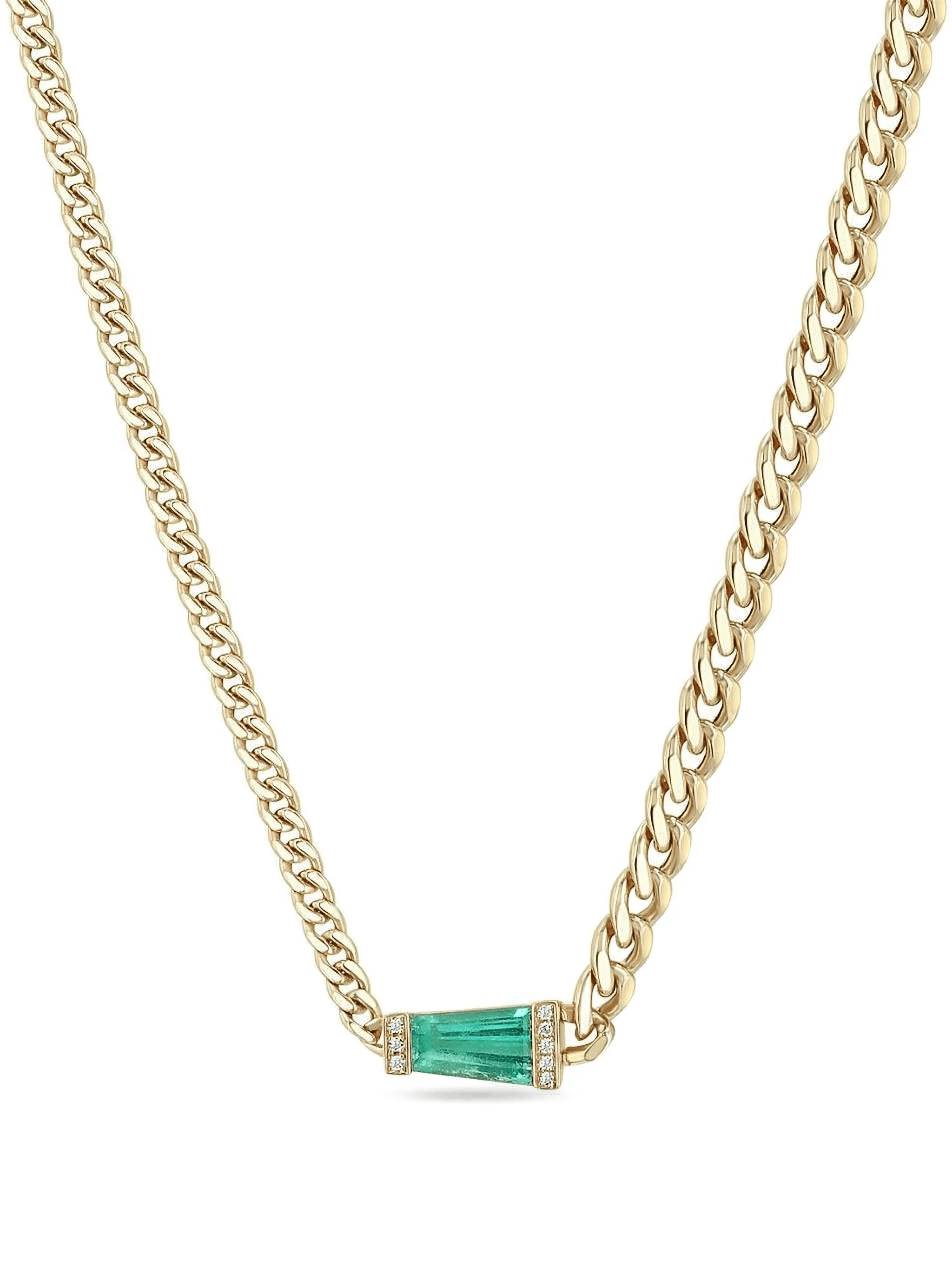 14K yellow gold diamond and emerald necklace - Image 1