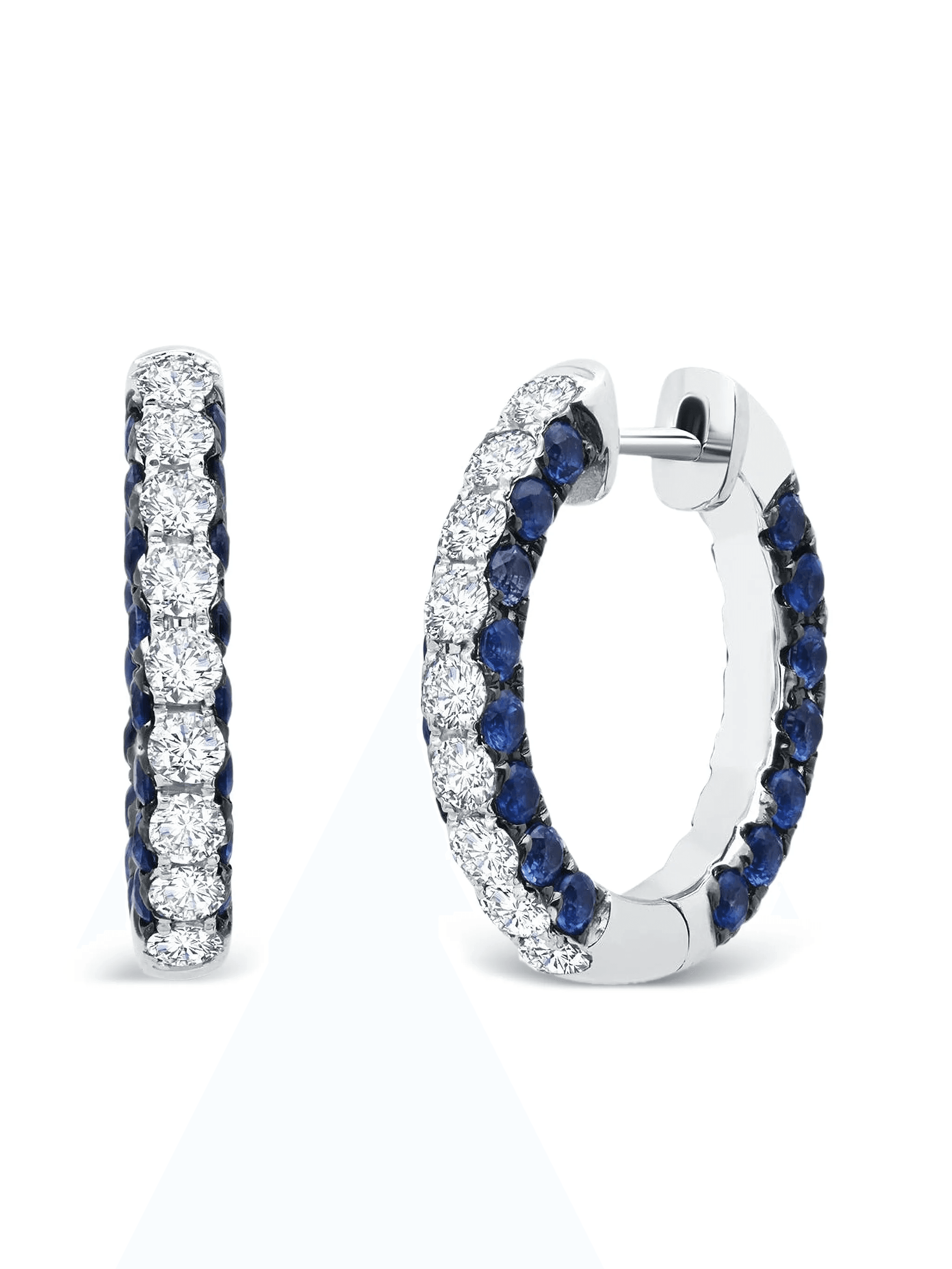 18K white gold 3 Sided sapphire and diamond hoop earrings - Image 1