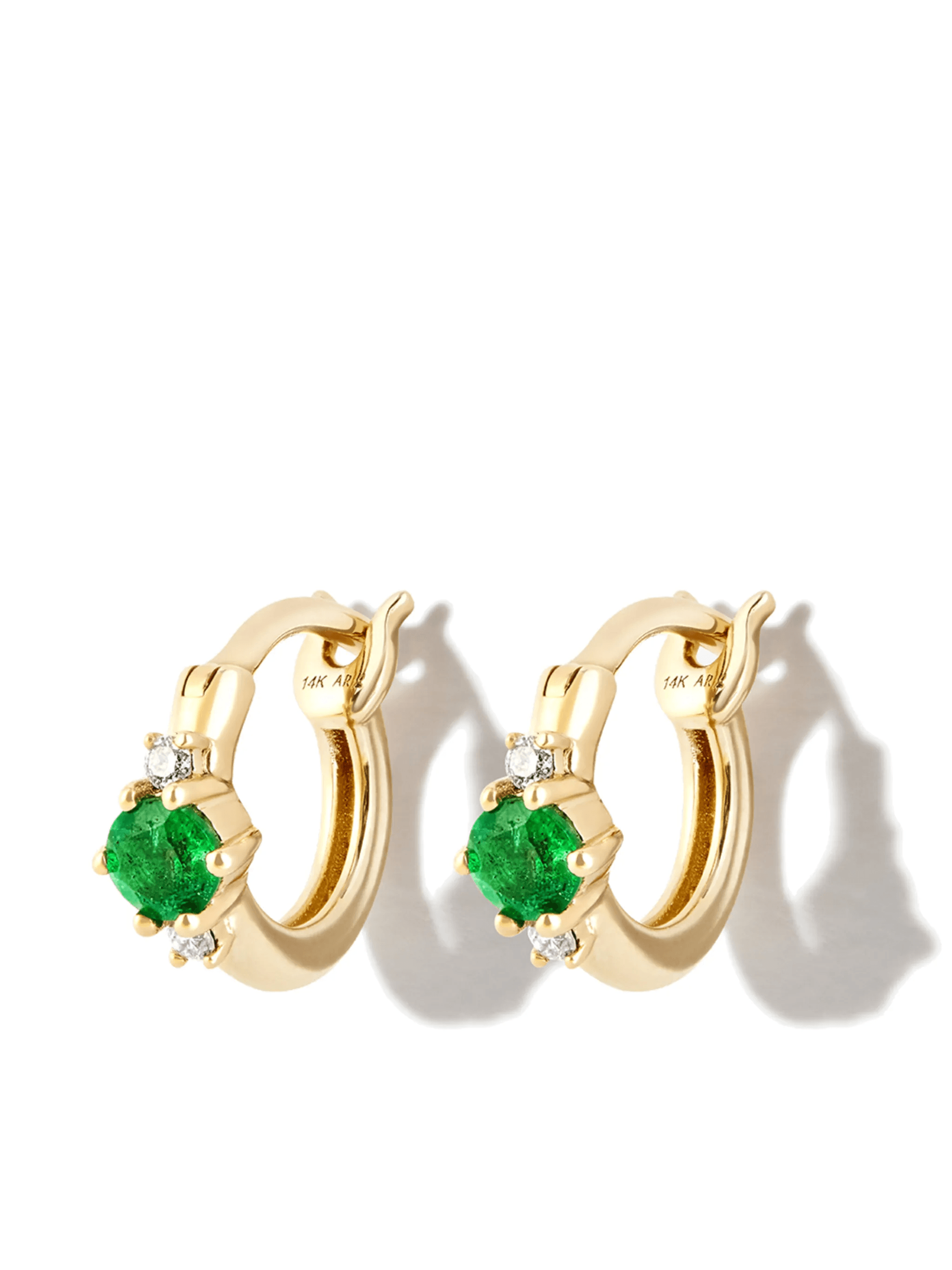 14kt yellow gold emerald diamond huggie hoop earrings - Image 1