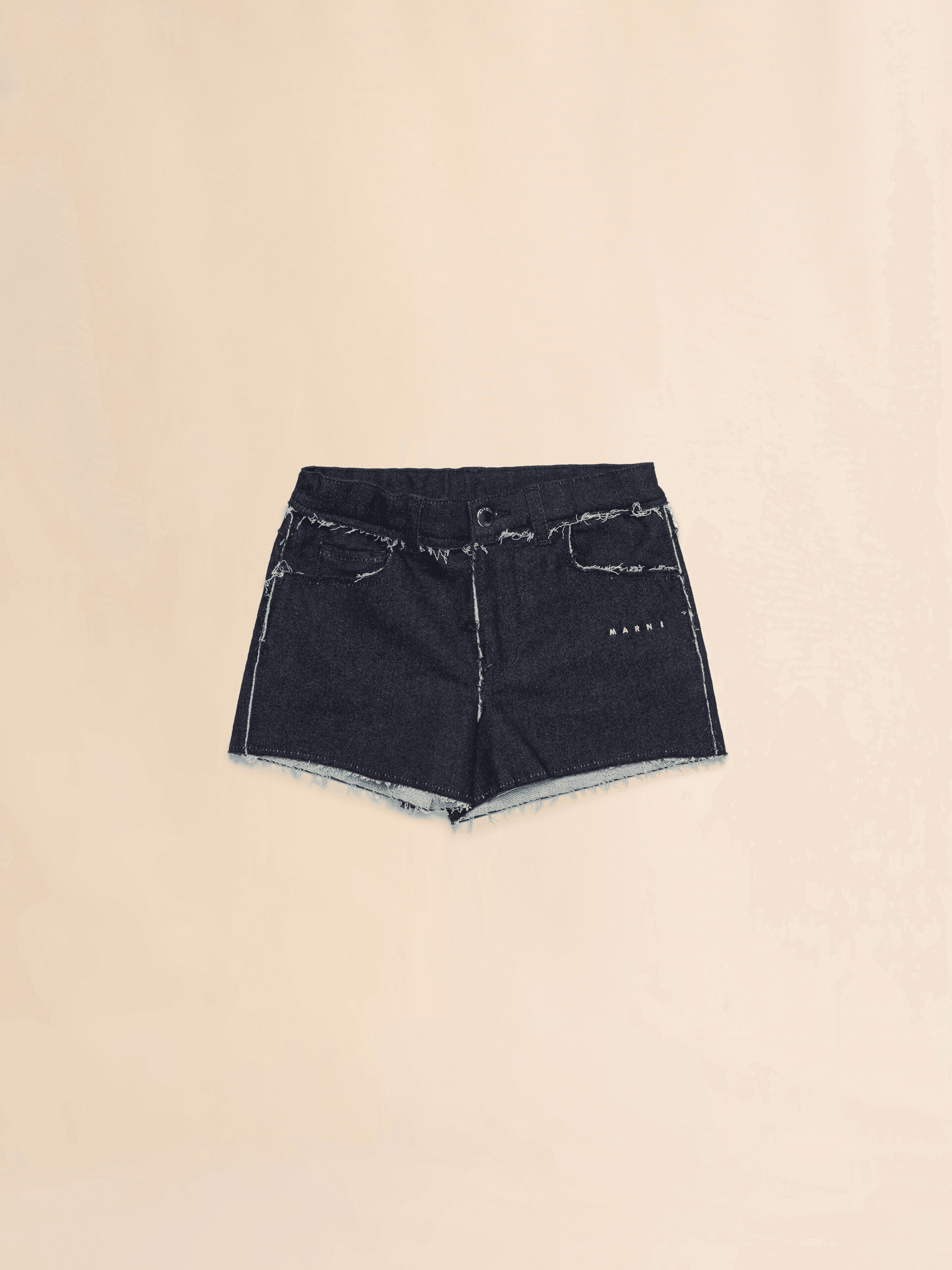 Deep blue stretch denim shorts with raw-cut edges - Image 1