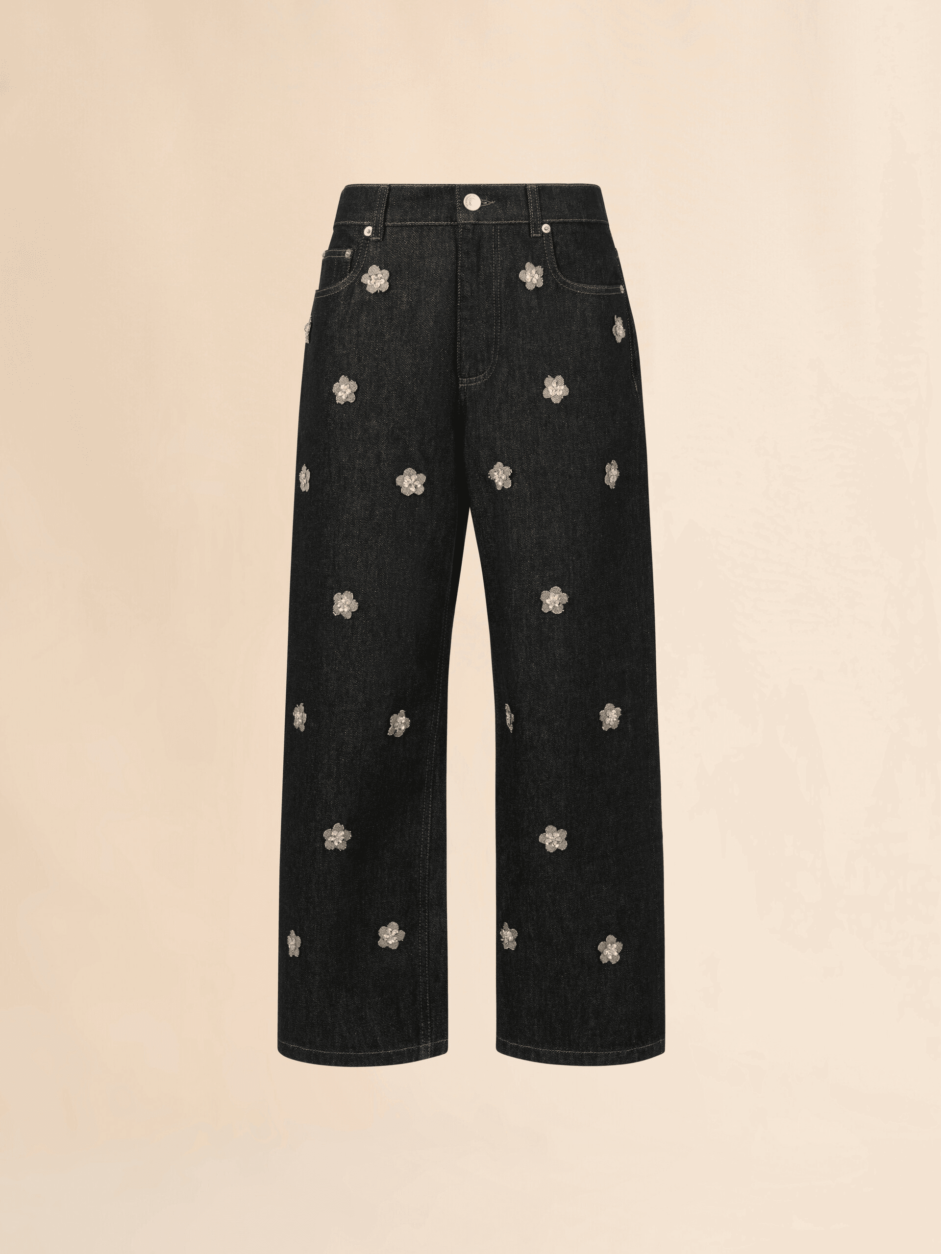 Black denim jeans with daisy appliqués - Image 1