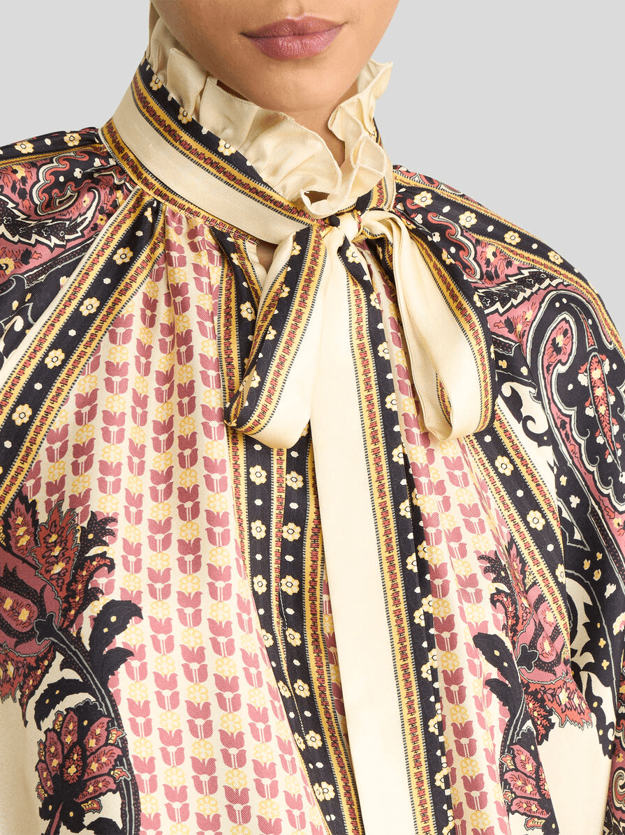SILK TWILL BLOUSE WITH SILK SCARF AND FLORAL GEOMETRIC MOTIF - Image 1