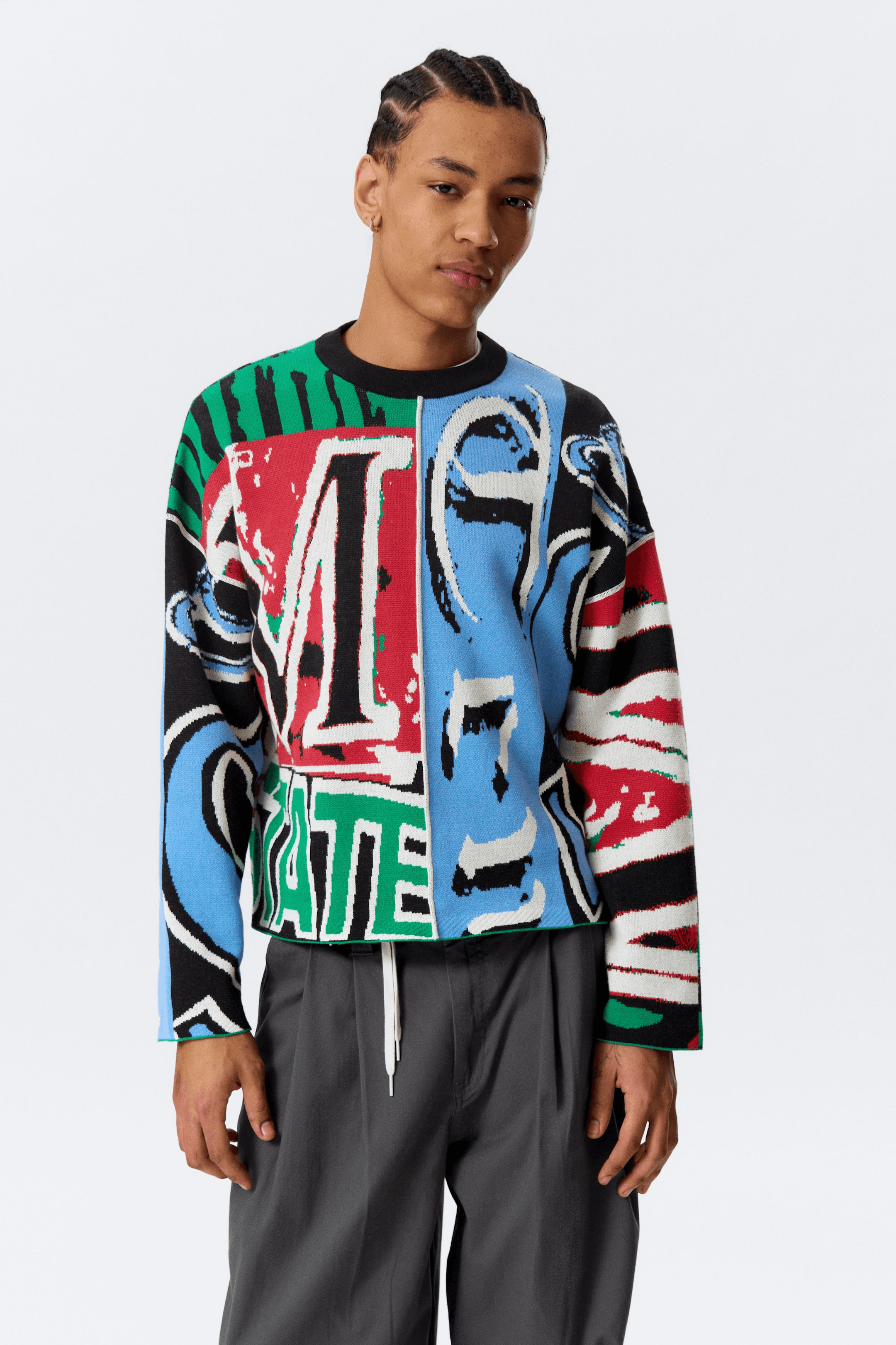 Loose Graphic Knitted Cotton Sweater - Image 1