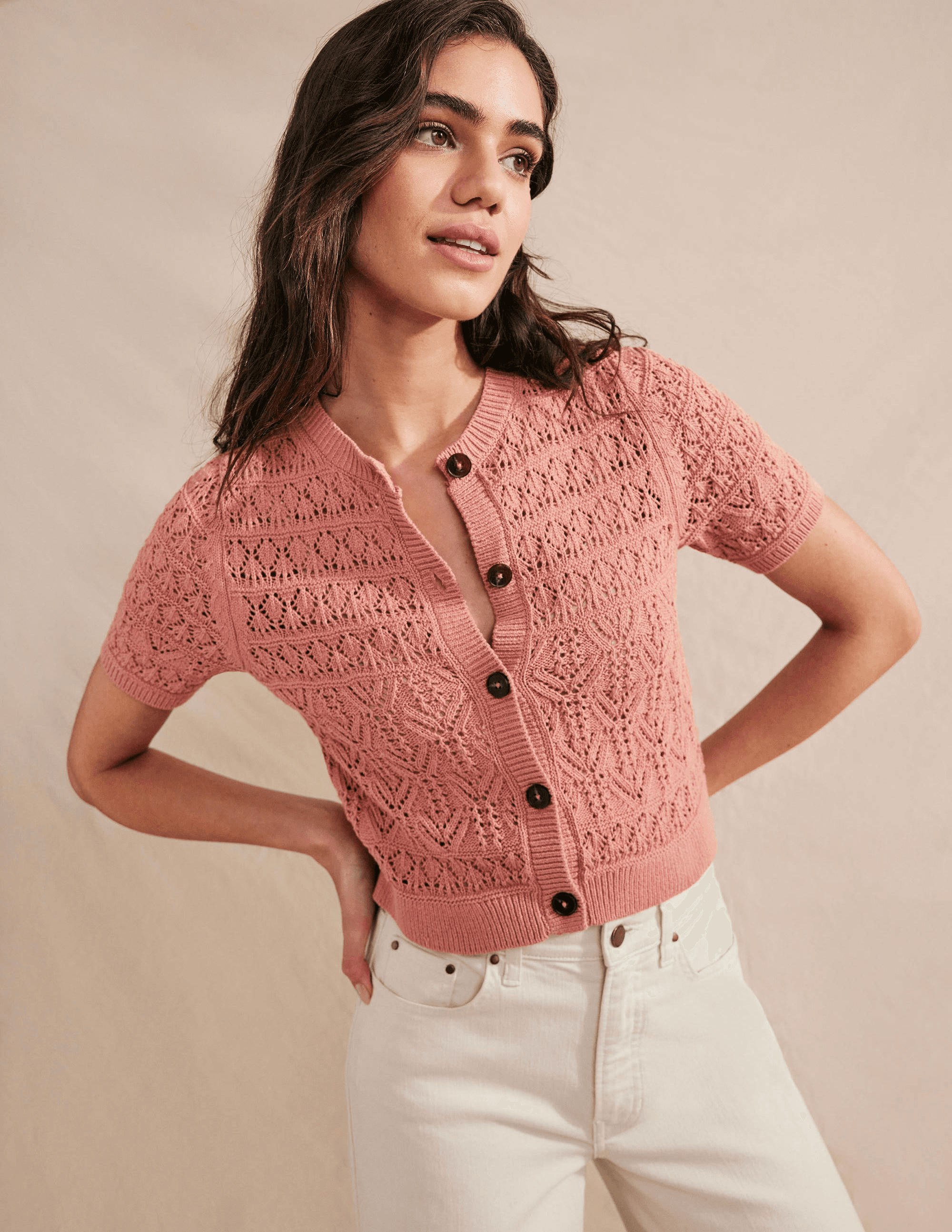 Pointelle Crew Neck Cardigan - Image 1