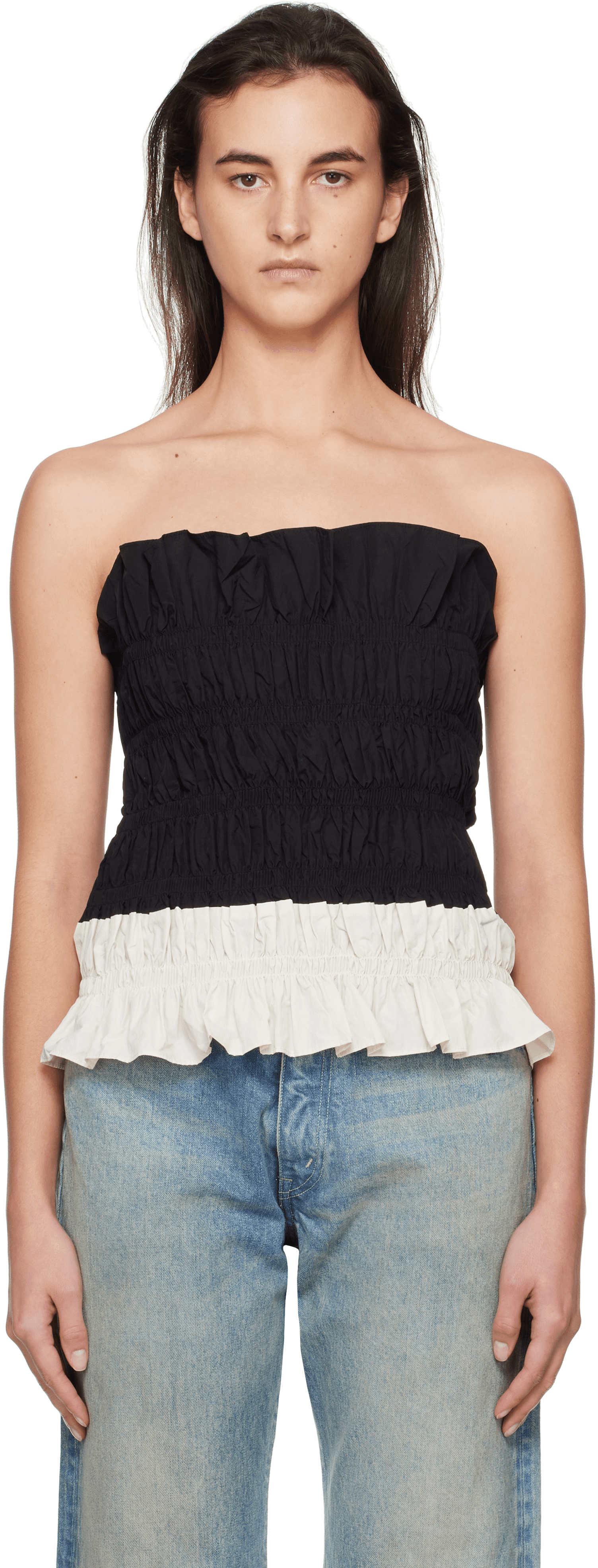 Black & Off-White Shirring Mono Tube Top - Image 1