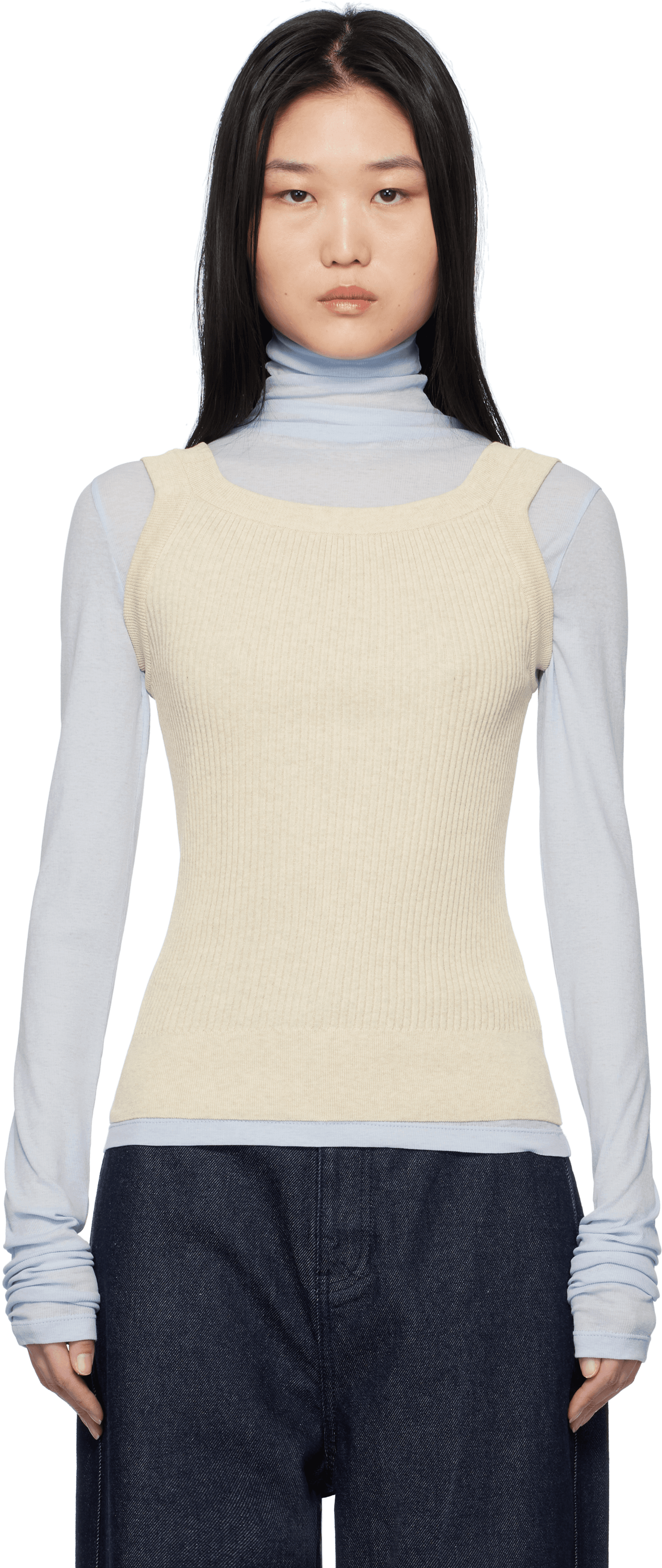Beige Ribbed Scoop Neck Tank Top - Image 1