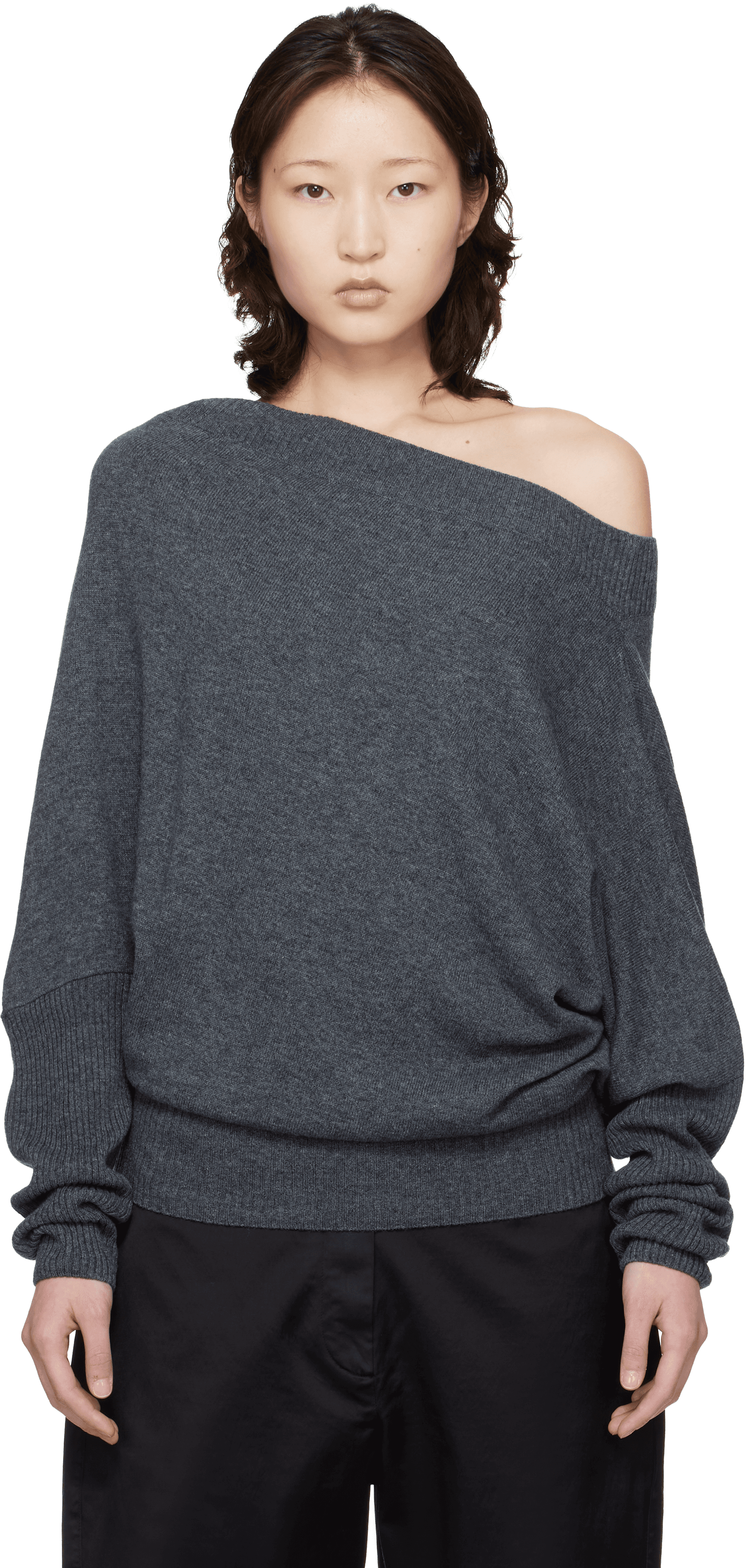 Gray Merino Wool Off-Shoulder Sweater - Image 1