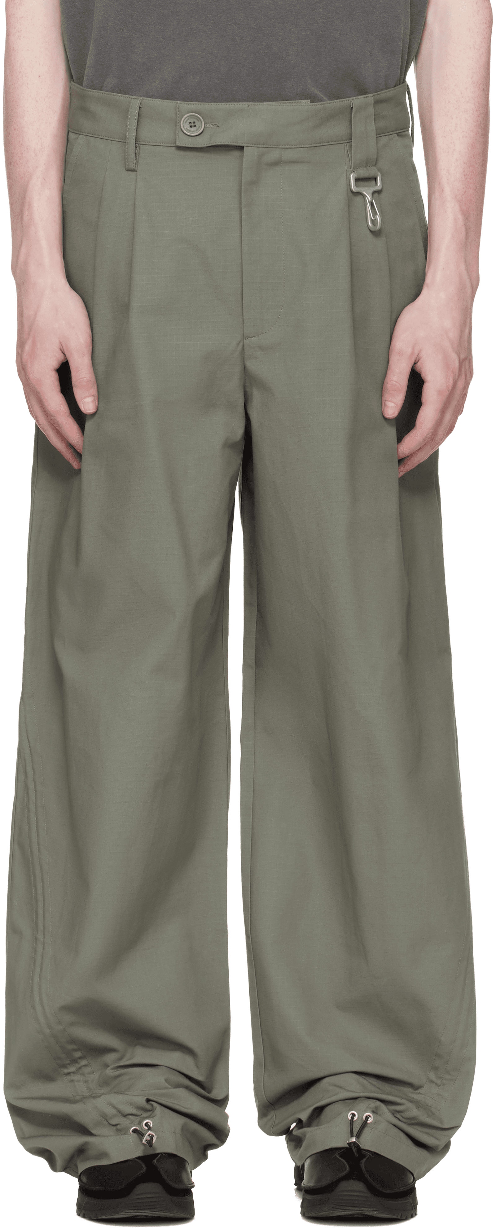 Khaki Cotton Ripstop Pleated Trousers - Image 1