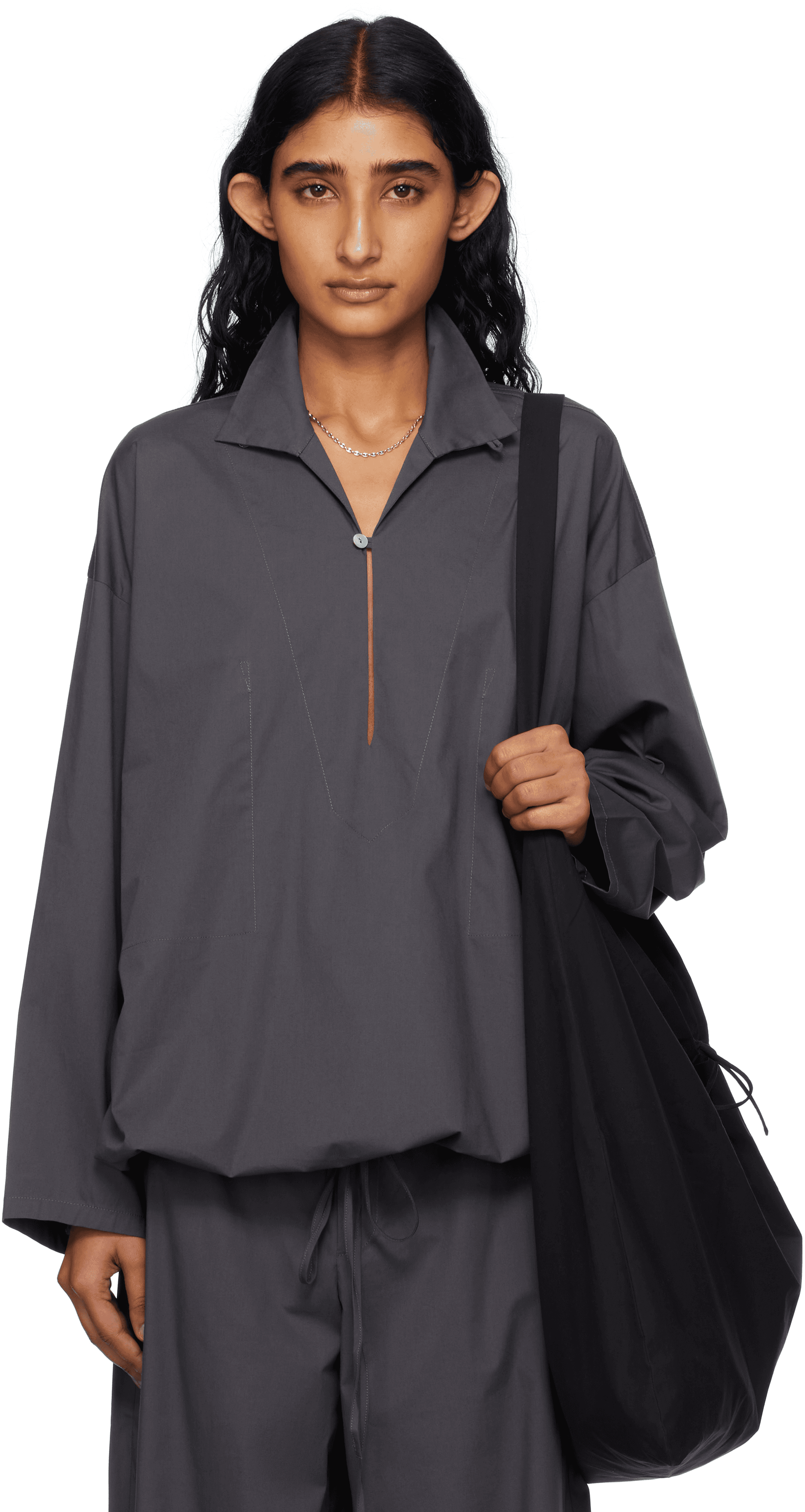 Gray Stretch Cotton Micro Faille Vareuse Blouse - Image 1