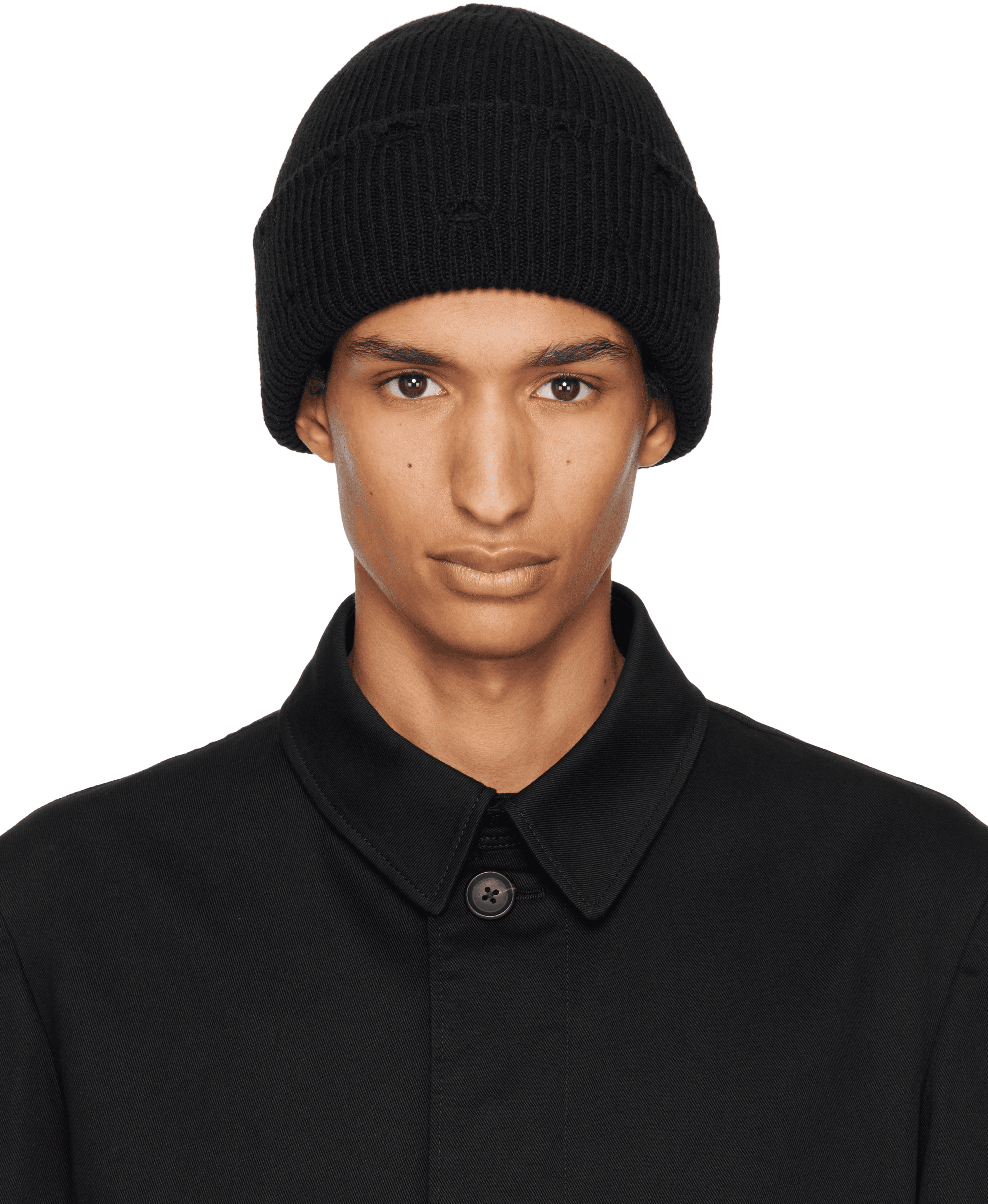 Black Damaged Knit Beanie - Image 1