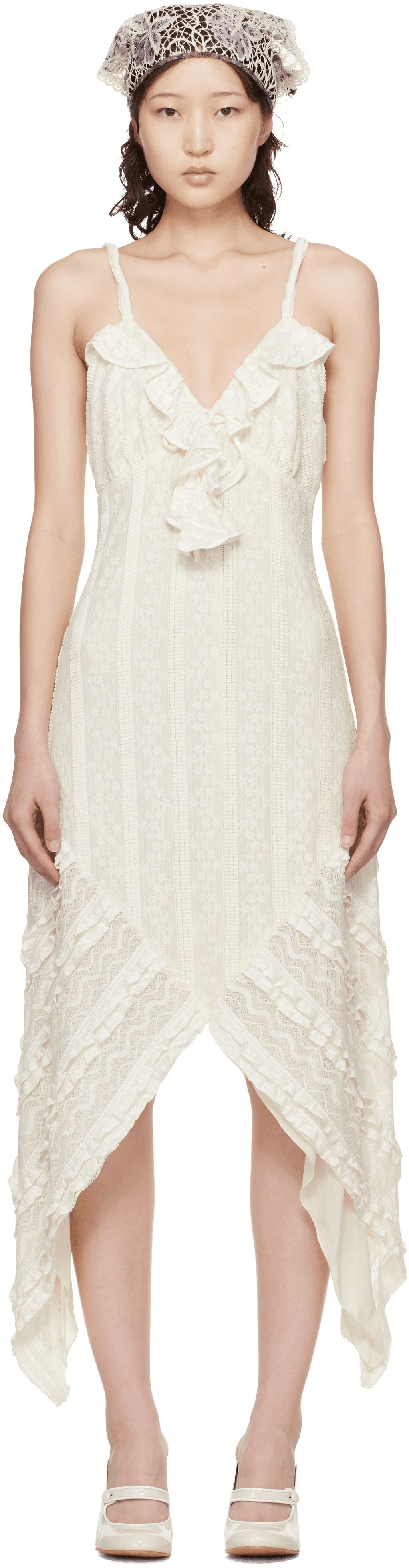 Off-White Floral Ruffle Stretch Lace Handkerchief Midi Dress - Image 1