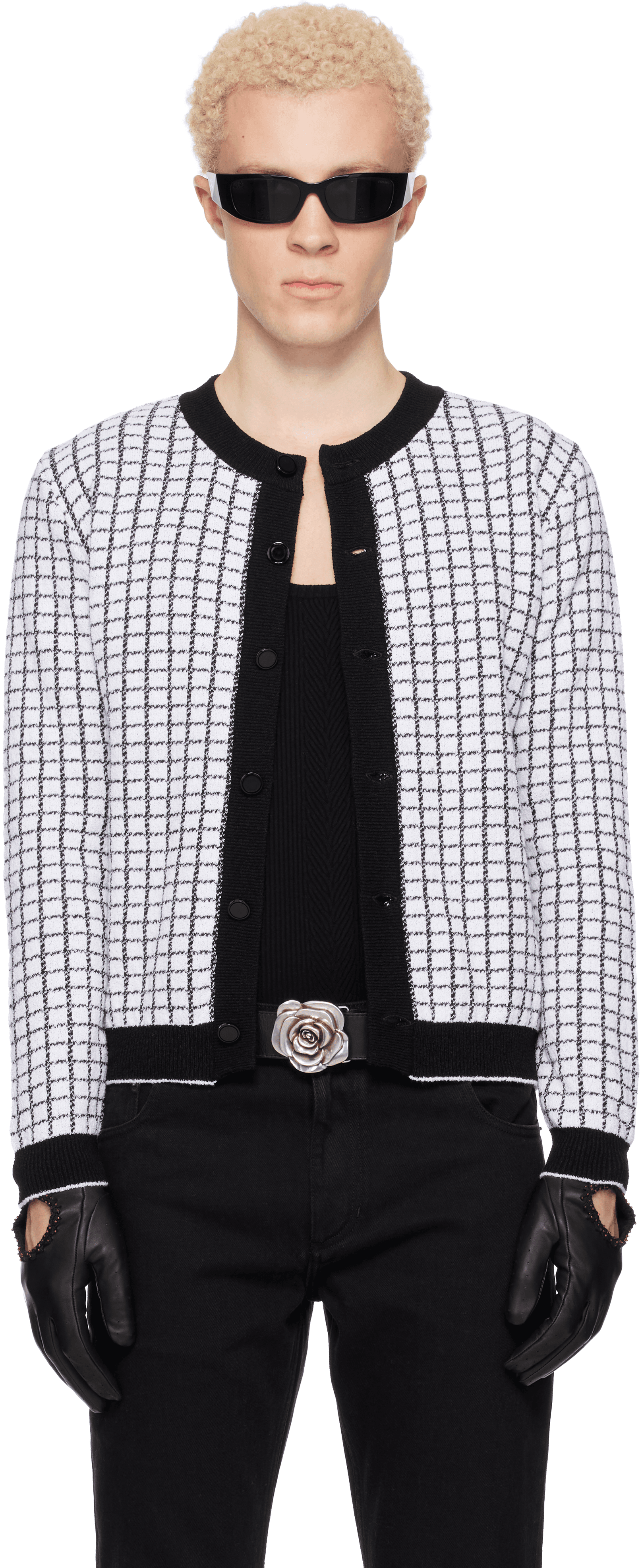White & Black Check Boucle Cardigan - Image 1