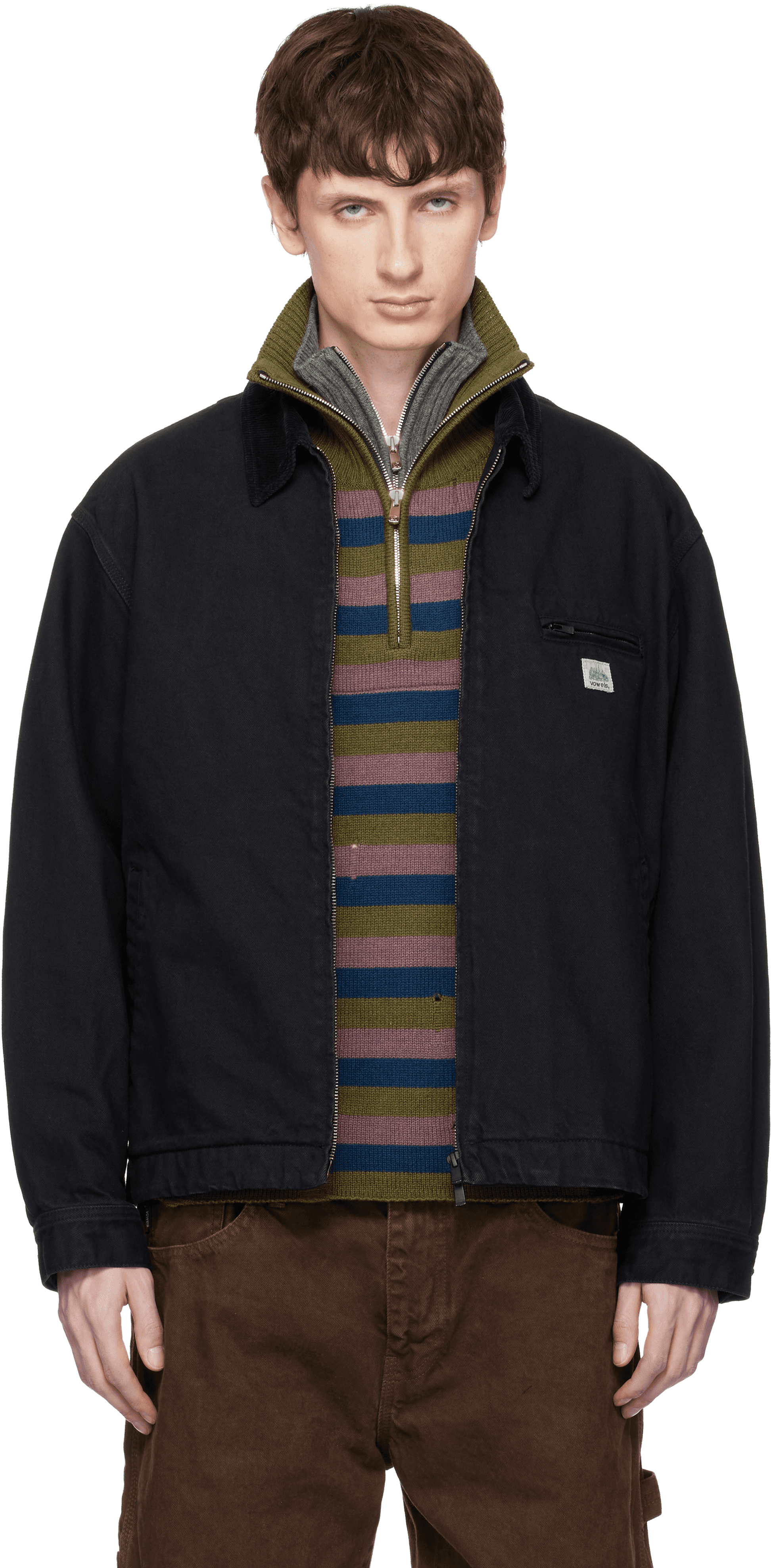 Black Cord Collared Zip-Up Denim Jacket - Image 1