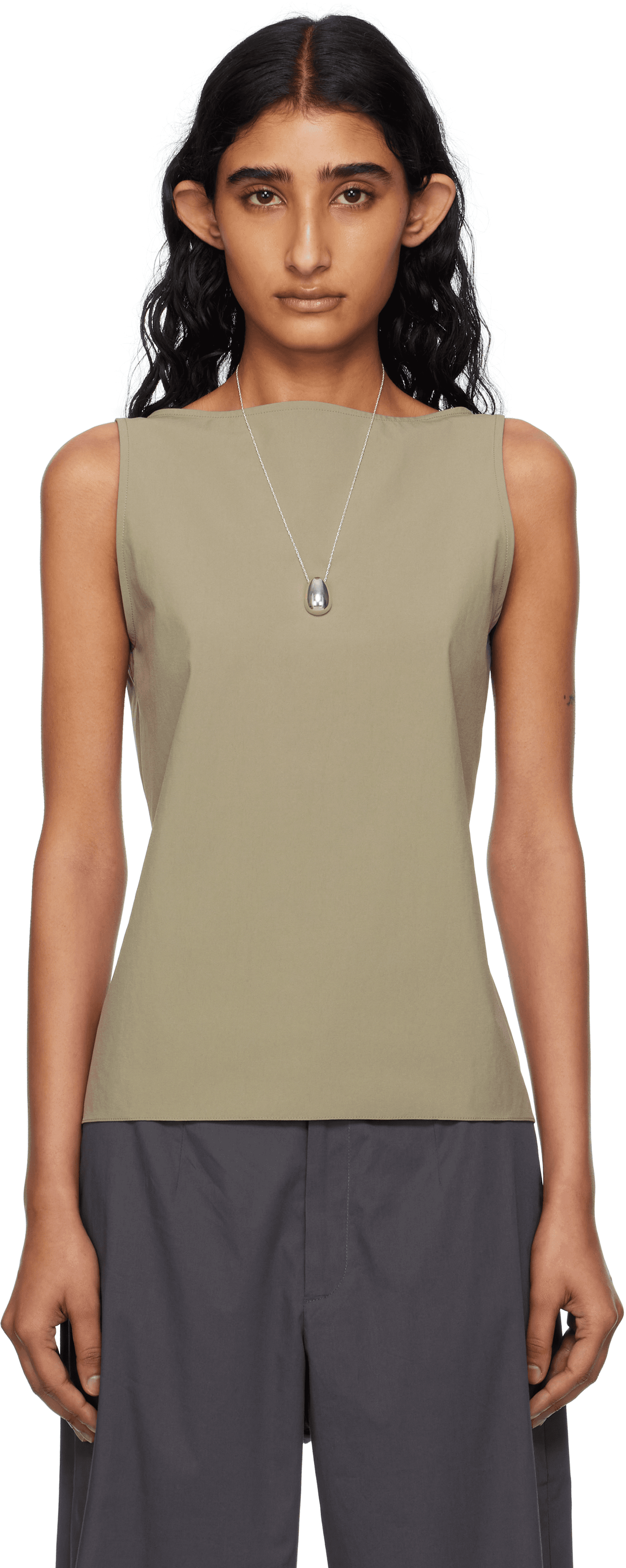 Gray Nylon Spandex Boat Neck Top - Image 1