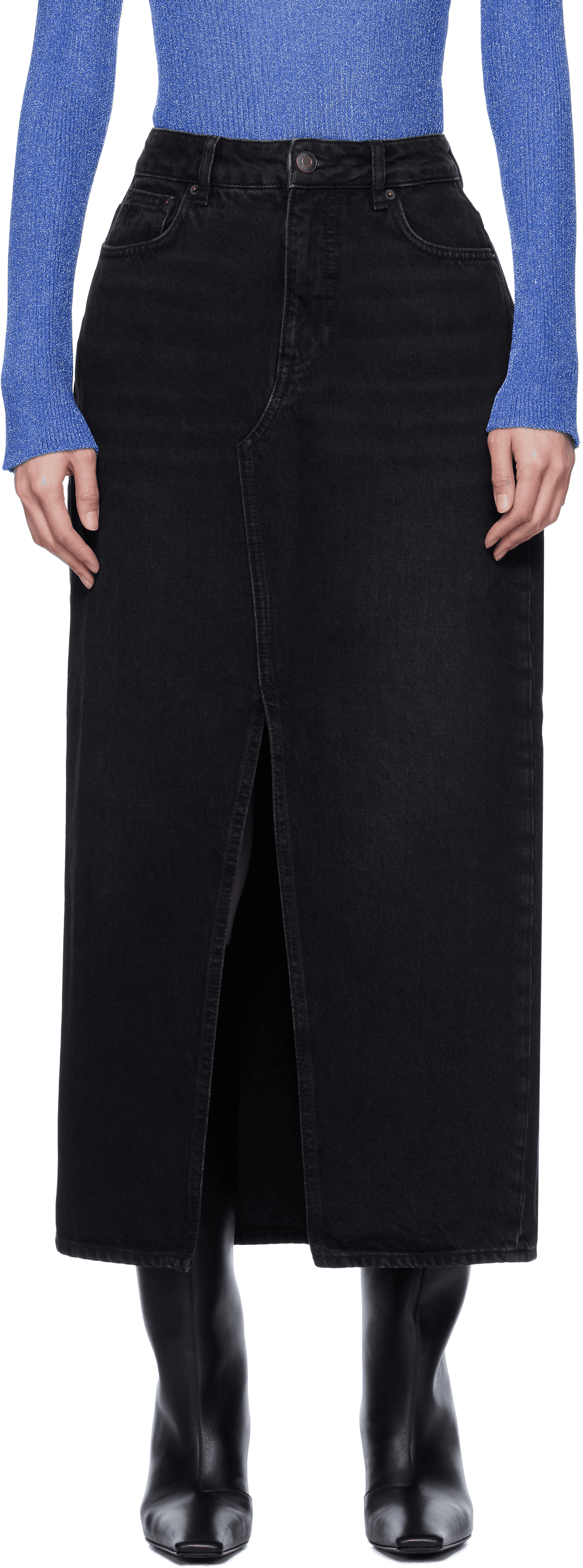 Black Slim Fit Denim Maxi Skirt - Image 1