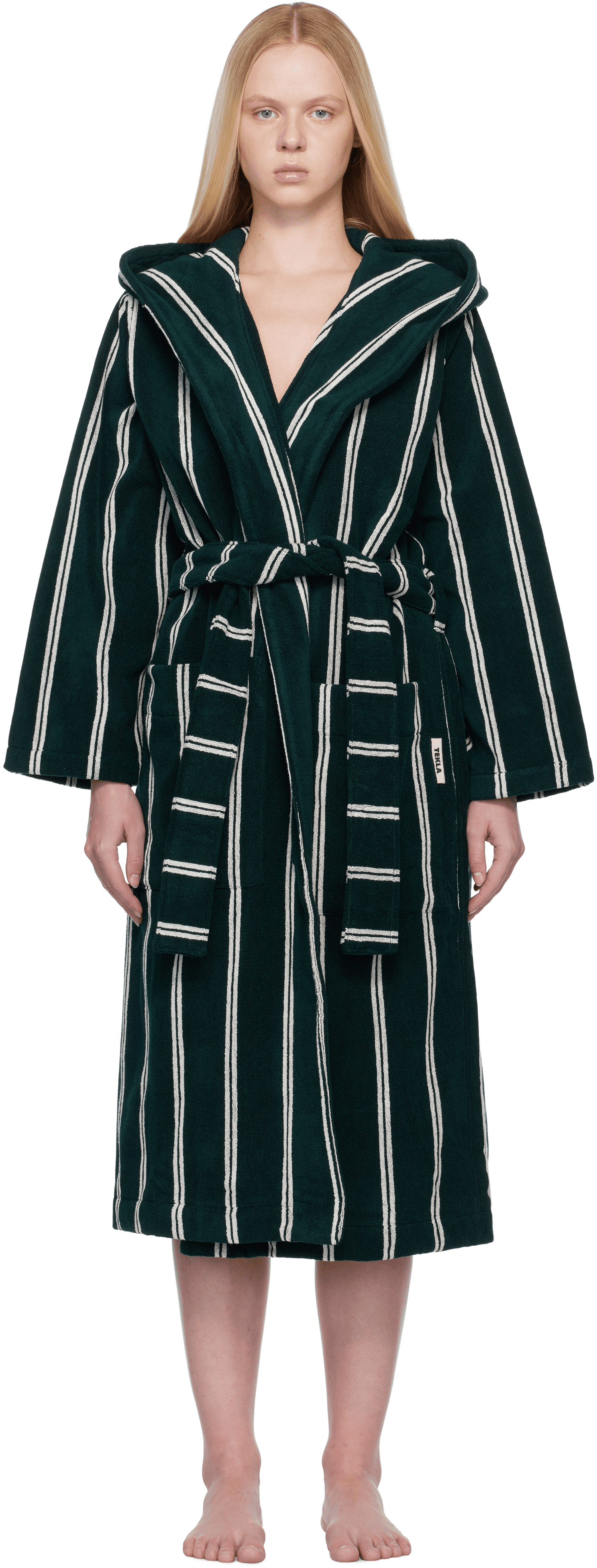 Green & White Terry Hooded Bathrobe - Image 1