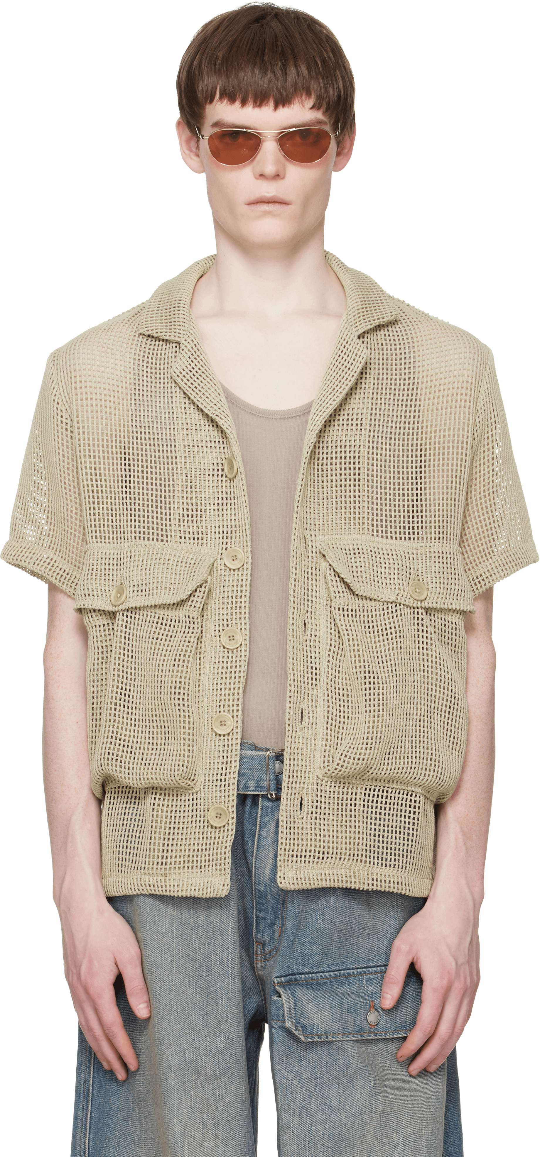 Khaki Crochet Knit Short Sleeve Cargo Shirt - Image 1